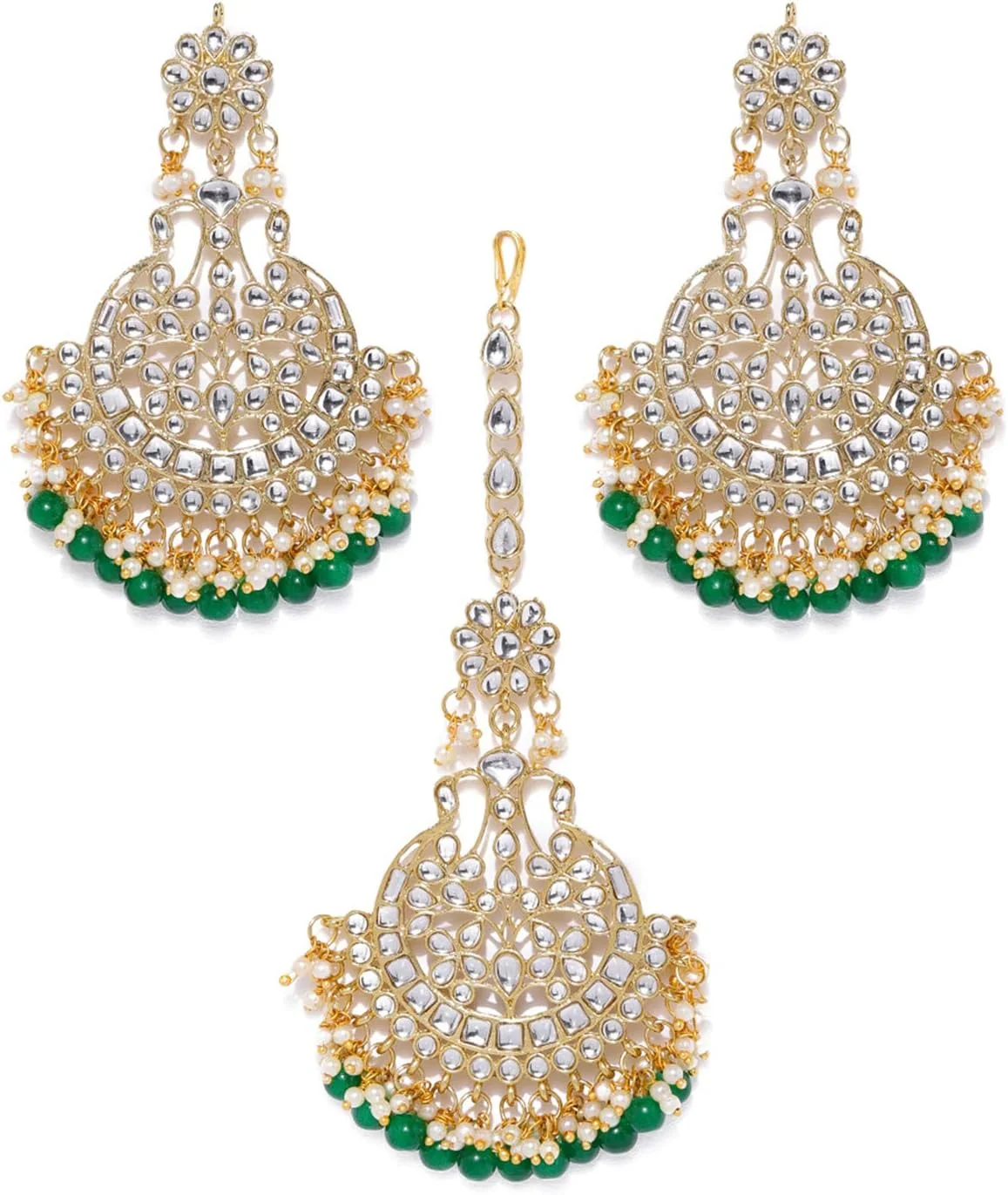 گوشواره و مانگ تیکا زنانه ZAVERI PEARLS با روکش طلایی، نگین های Kundan و مهره های سبز، فلز پایه سنتی (Zpfk8540)