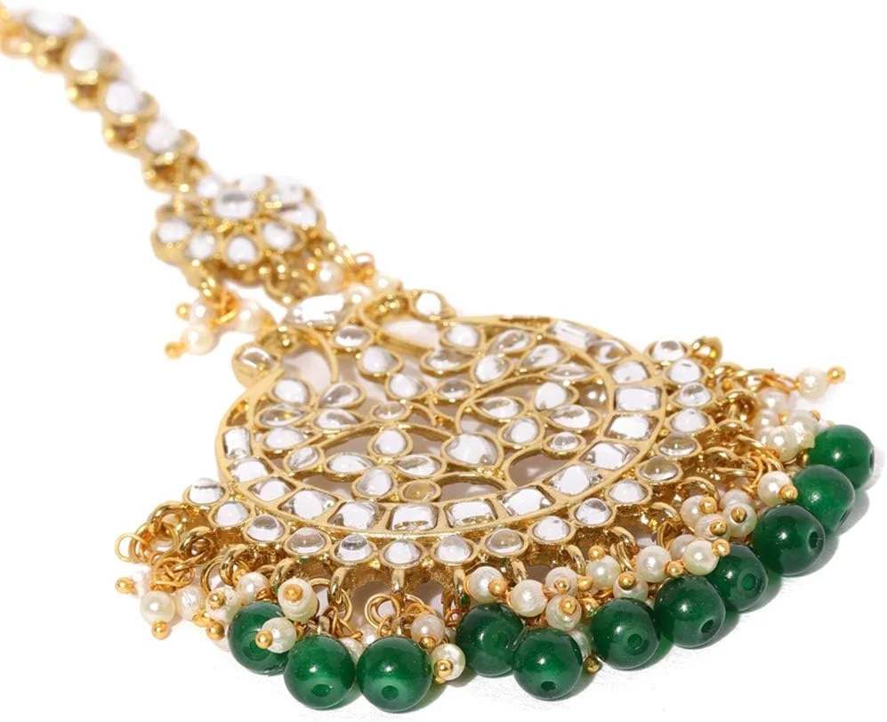 گوشواره و مانگ تیکا زنانه ZAVERI PEARLS با روکش طلایی، نگین های Kundan و مهره های سبز، فلز پایه سنتی (Zpfk8540) گوشواره و مانگ تیکا زنانه ZAVERI PEARLS با روکش طلایی، نگین های Kundan و مهره های سبز، فلز پایه سنتی (Zpfk8540)