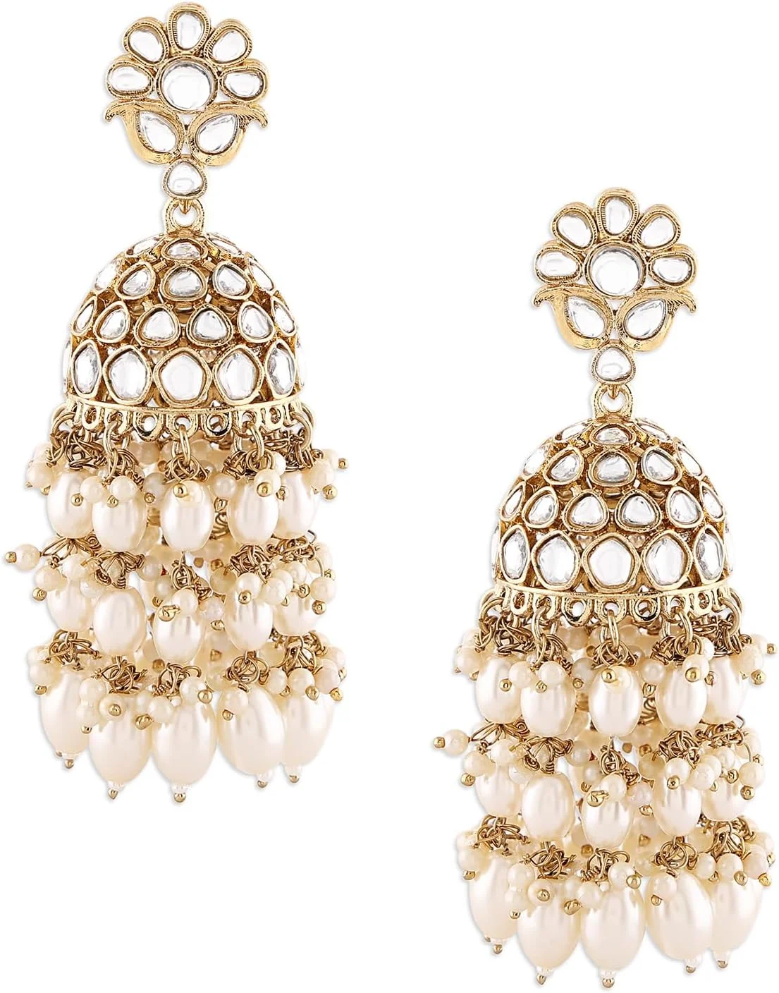 گوشواره زنانه مدل Jhumka با روکش طلایی، نگین Kundan و مروارید خوشه ای Zaveri Pearls - ZPFK16735