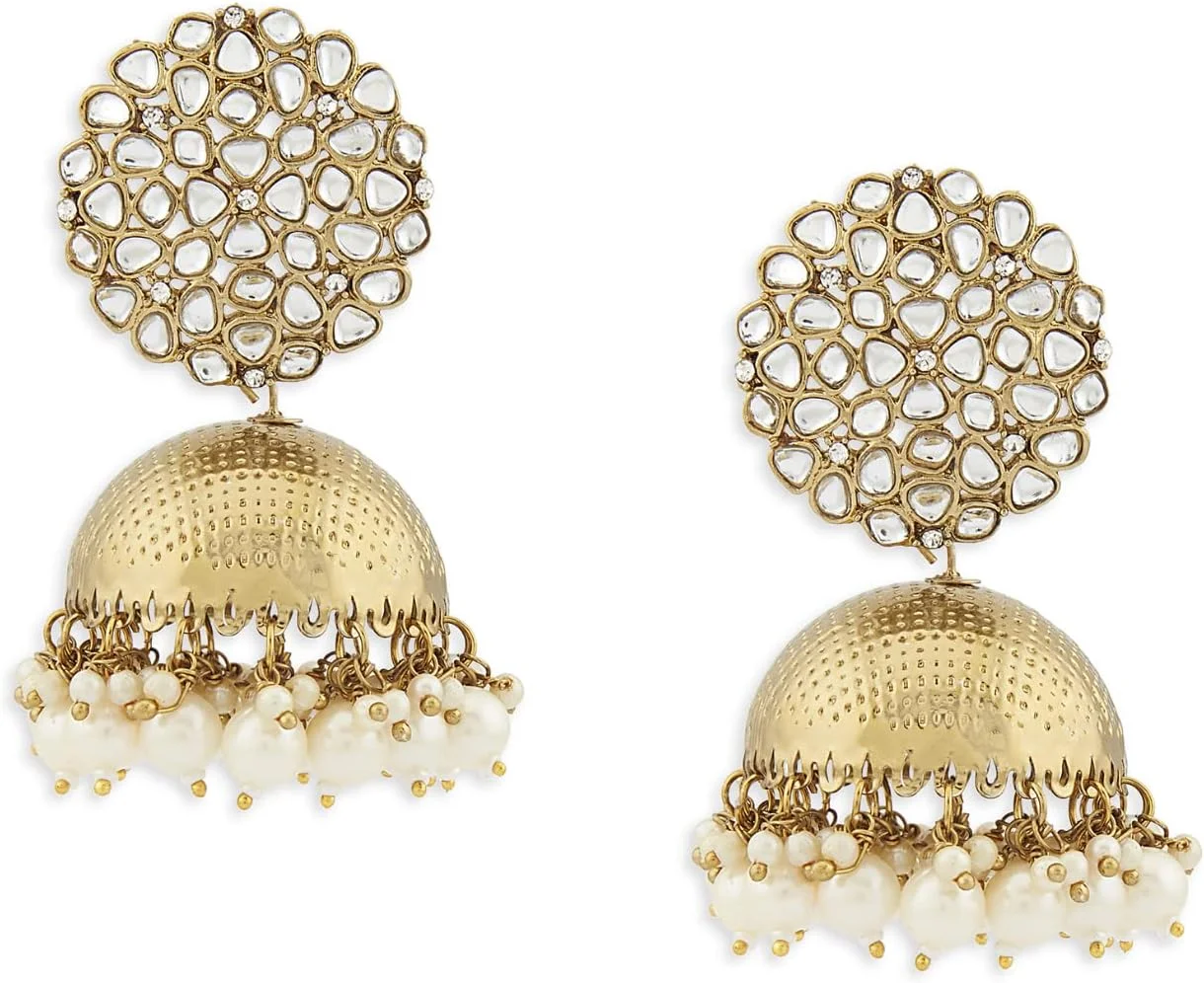 گوشواره زنانه مدل Jhumki با روکش طلای عتیقه و نگین کاری Kundan از Zaveri Pearls - ZPFK14763
