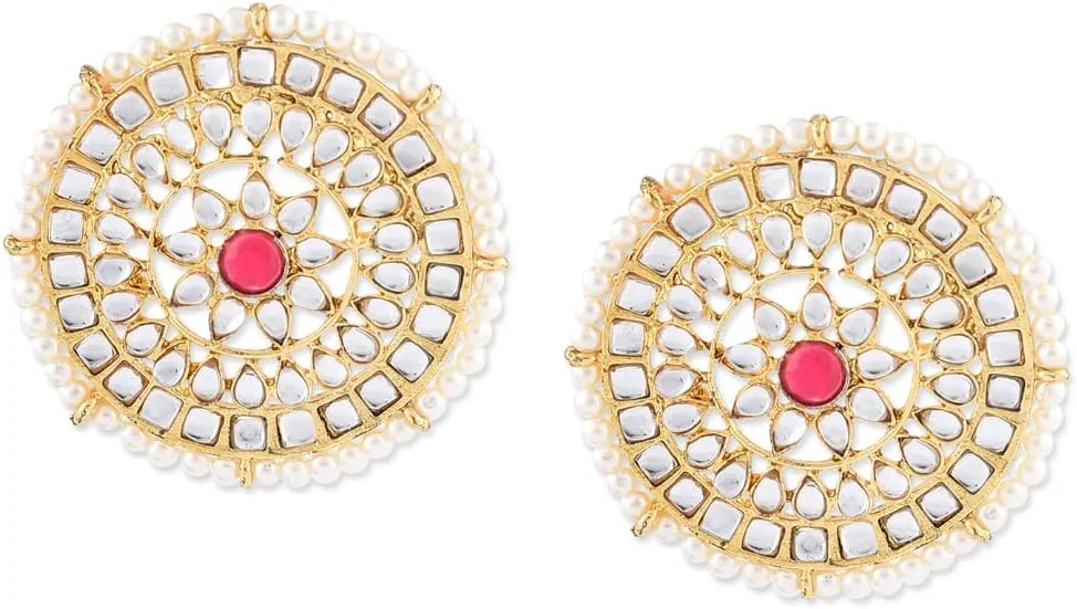 گوشواره میخی زنانه ZAVERI PEARLS با روکش طلای 22 عیار، طرح نگین های Kundan و مروارید، مدل دایره ای (Zpfk9082)