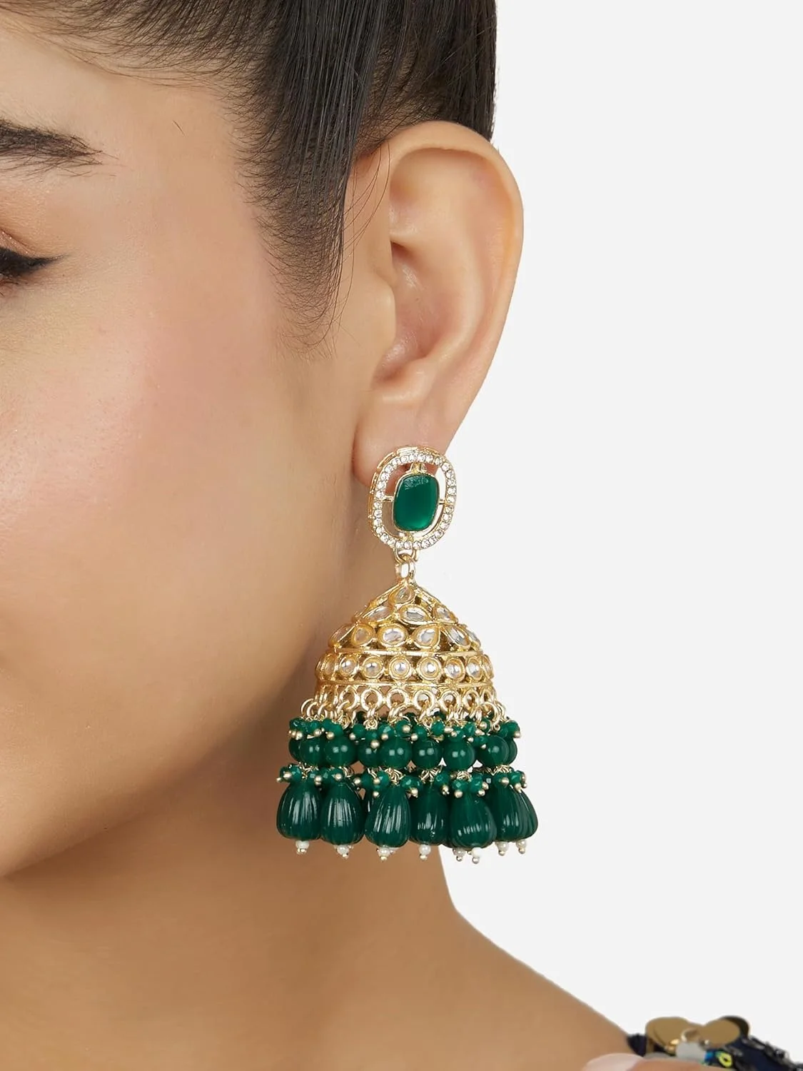 گوشواره زنانه مدل Jhumka نگین اتریشی درخشان با سنگ های خوشه ای سبز Zaveri Pearls - ZPFK18094