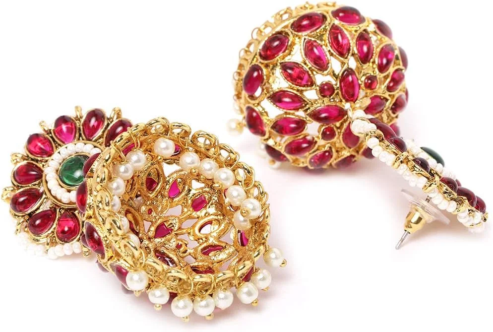 گوشواره زنانه جومکی به سبک سنتی جنوب هند با سنگ های صورتی و سبز Zaveri Pearls - ZPFK9527