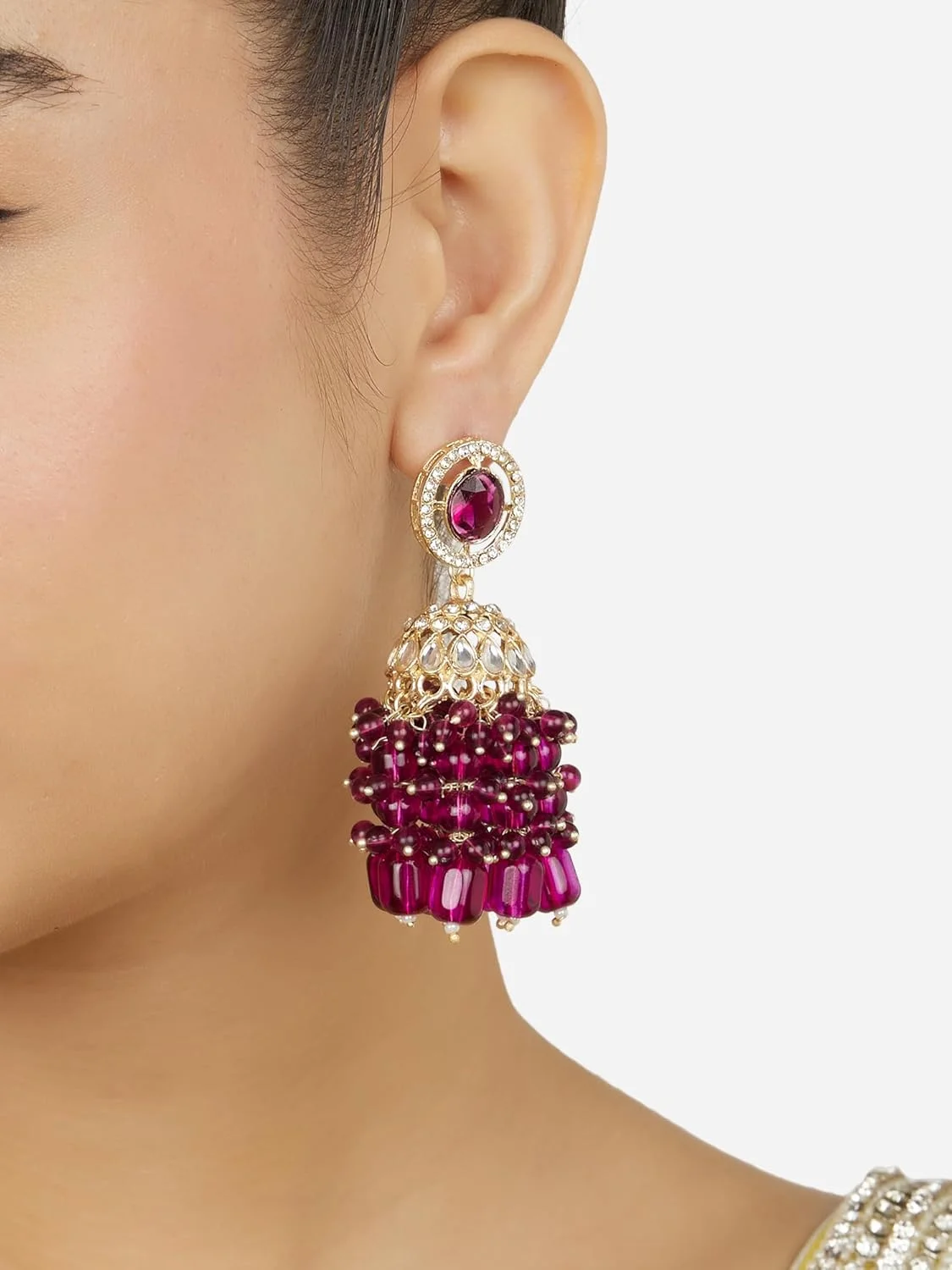 گوشواره زنانه آویز جومکا نگین بنفش Zaveri Pearls با الماس اتریشی درخشان و خوشه ای از مهره ها - ZPFK18192 گوشواره زنانه آویز جومکا نگین بنفش Zaveri Pearls با الماس اتریشی درخشان و خوشه ای از مهره ها - ZPFK18192