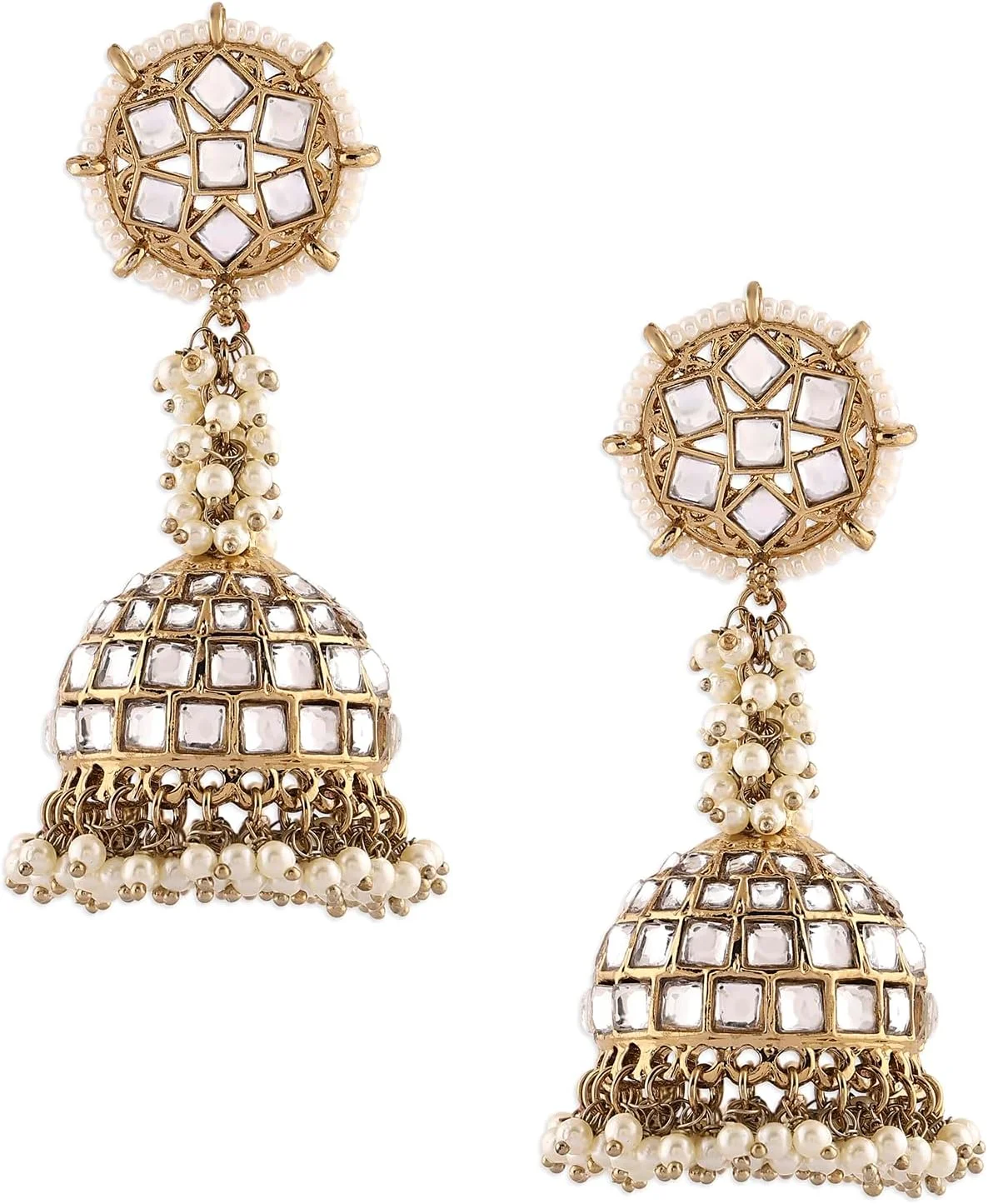 گوشواره آویز زنانه زاوری پرلز طرح کندن با مهره های طلایی مدل Jhumka-ZPFK16736
