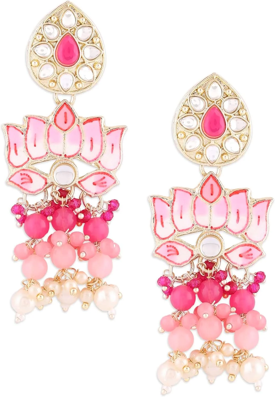 گوشواره آویز زنانه طرح گل نیلوفر میناکاری صورتی Zaveri Pearls مدل ZPFK15390