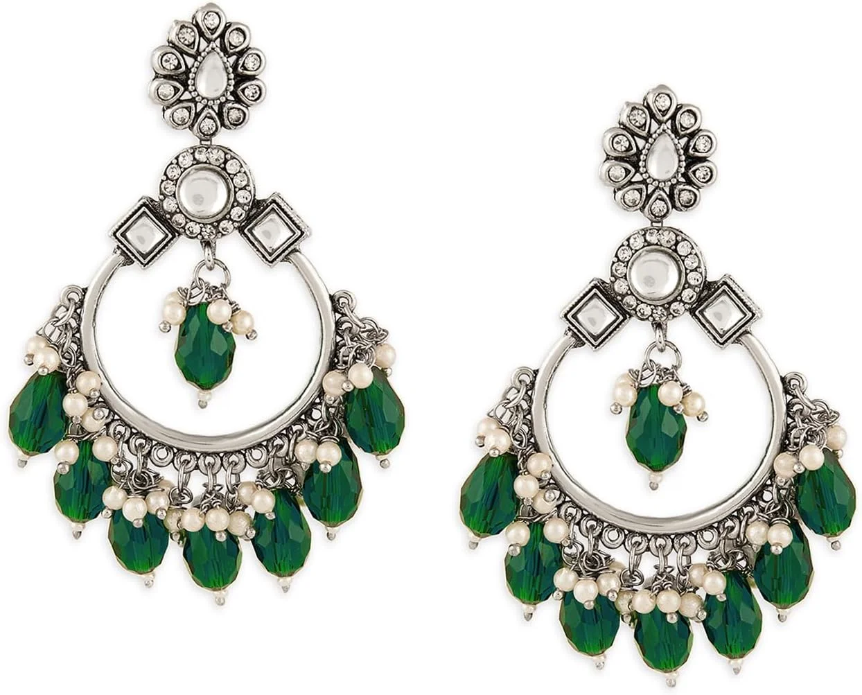 گوشواره آویز زنانه Zaveri Pearls با مهره های سبز و روکش نقره ای عتیقه و نگین های درخشان - ZPFK18377