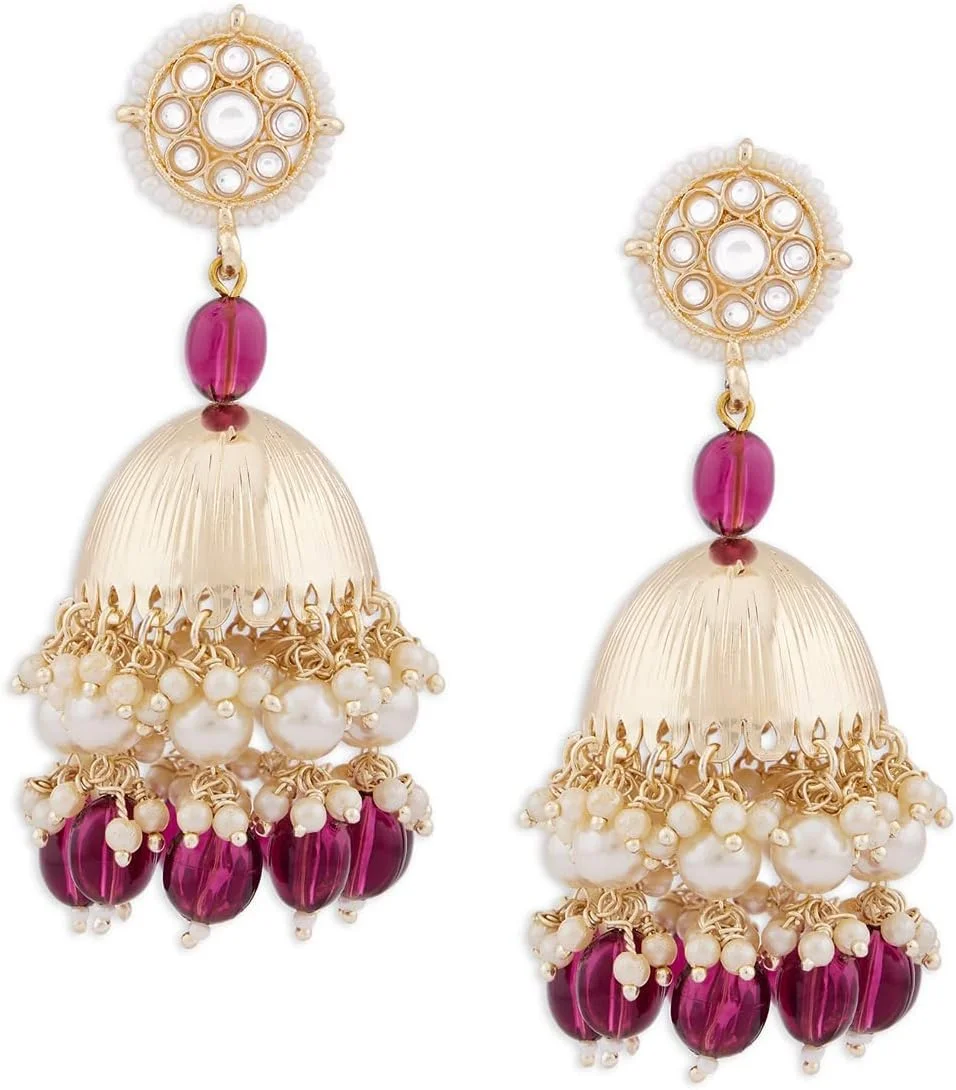 گوشواره آویز جومکی سنتی نگین دار زنانه ZAVERI PEARLS با مهره های شرابی - ZPFK13785
