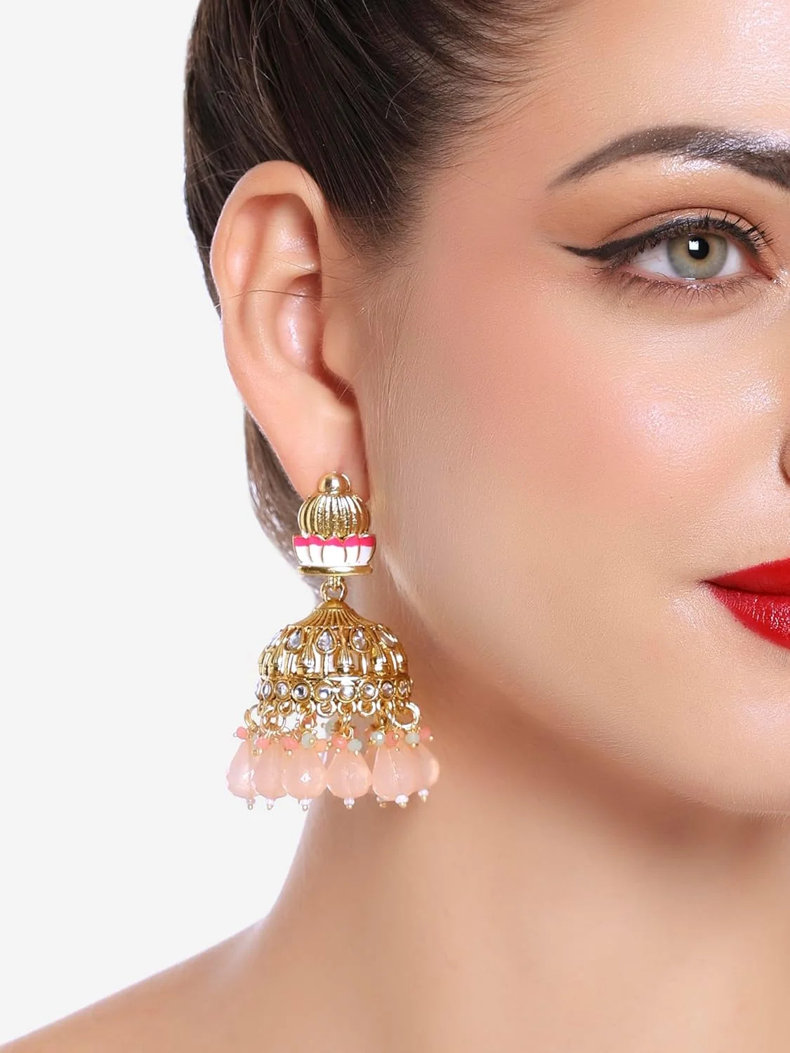 گوشواره های جومکا زنانه میناکاری چند رنگ نیلوفر کندان قومی Zaveri Pearls - ZPFK16590 گوشواره های جومکا زنانه میناکاری چند رنگ نیلوفر کندان قومی Zaveri Pearls - ZPFK16590