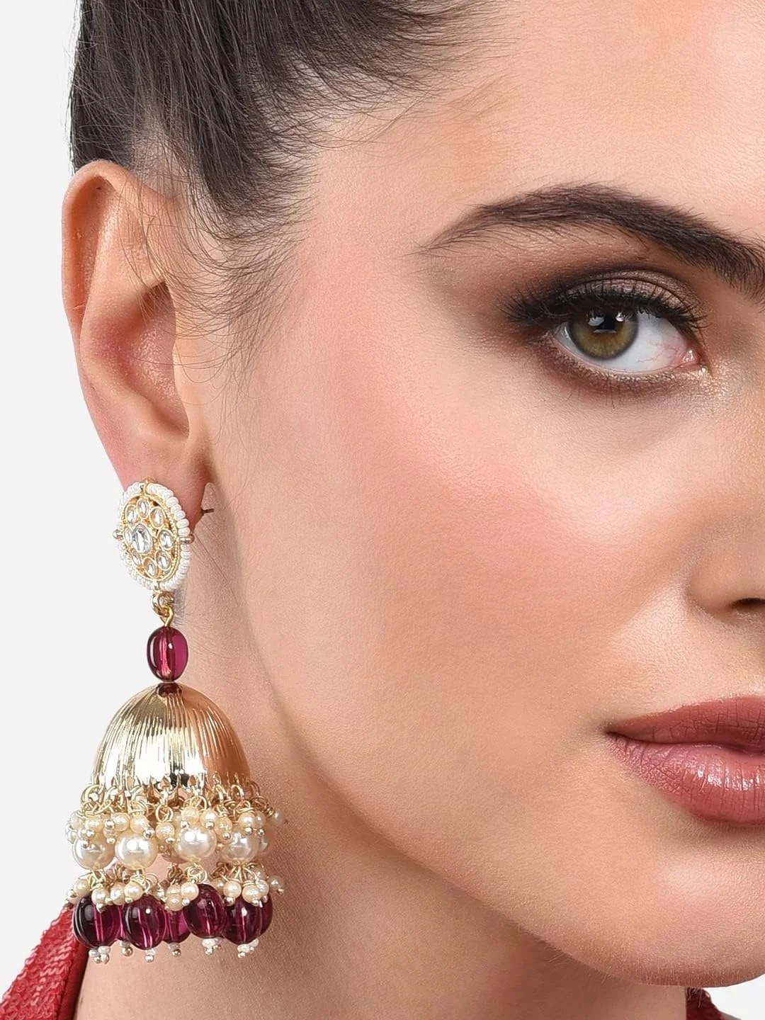 گوشواره آویز جومکی سنتی نگین دار زنانه ZAVERI PEARLS با مهره های شرابی - ZPFK13785 گوشواره آویز جومکی سنتی نگین دار زنانه ZAVERI PEARLS با مهره های شرابی - ZPFK13785