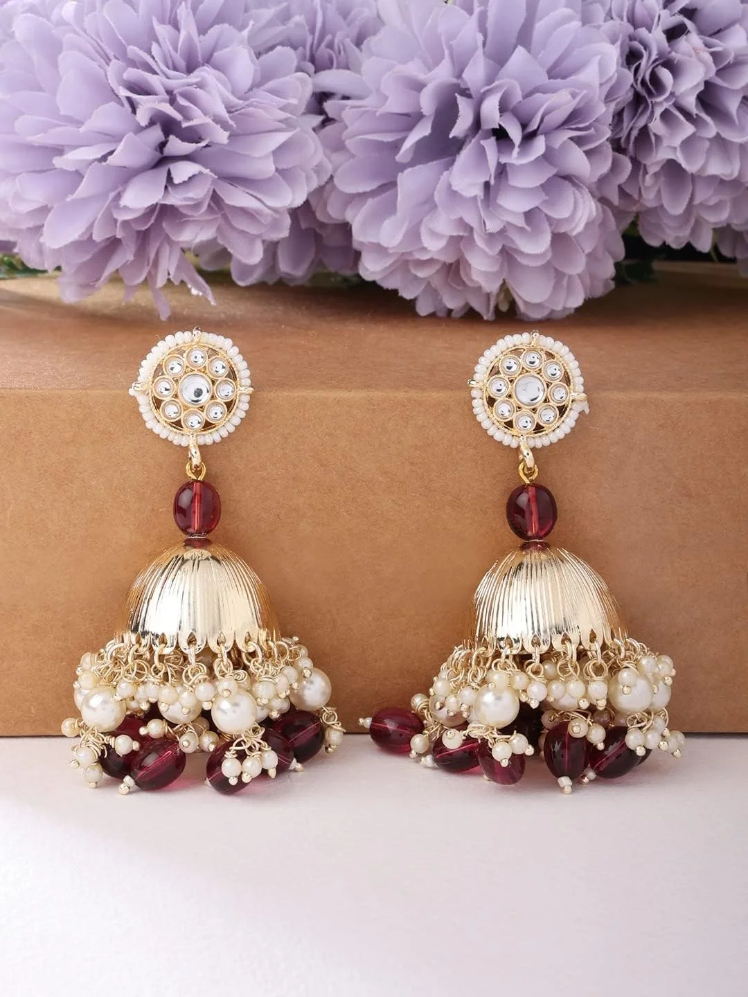 گوشواره آویز جومکی سنتی نگین دار زنانه ZAVERI PEARLS با مهره های شرابی - ZPFK13785 گوشواره آویز جومکی سنتی نگین دار زنانه ZAVERI PEARLS با مهره های شرابی - ZPFK13785