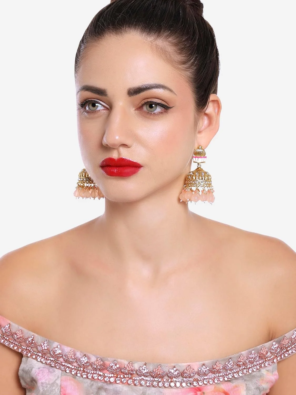 گوشواره های جومکا زنانه میناکاری چند رنگ نیلوفر کندان قومی Zaveri Pearls - ZPFK16590 گوشواره های جومکا زنانه میناکاری چند رنگ نیلوفر کندان قومی Zaveri Pearls - ZPFK16590