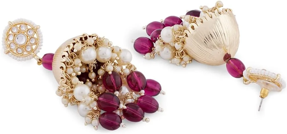 گوشواره آویز جومکی سنتی نگین دار زنانه ZAVERI PEARLS با مهره های شرابی - ZPFK13785 گوشواره آویز جومکی سنتی نگین دار زنانه ZAVERI PEARLS با مهره های شرابی - ZPFK13785