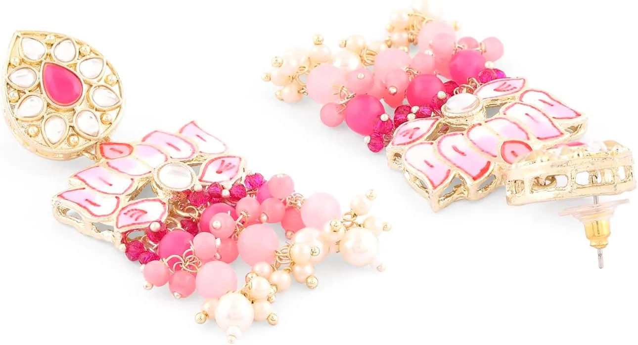 گوشواره آویز زنانه طرح گل نیلوفر میناکاری صورتی Zaveri Pearls مدل ZPFK15390 گوشواره آویز زنانه طرح گل نیلوفر میناکاری صورتی Zaveri Pearls مدل ZPFK15390