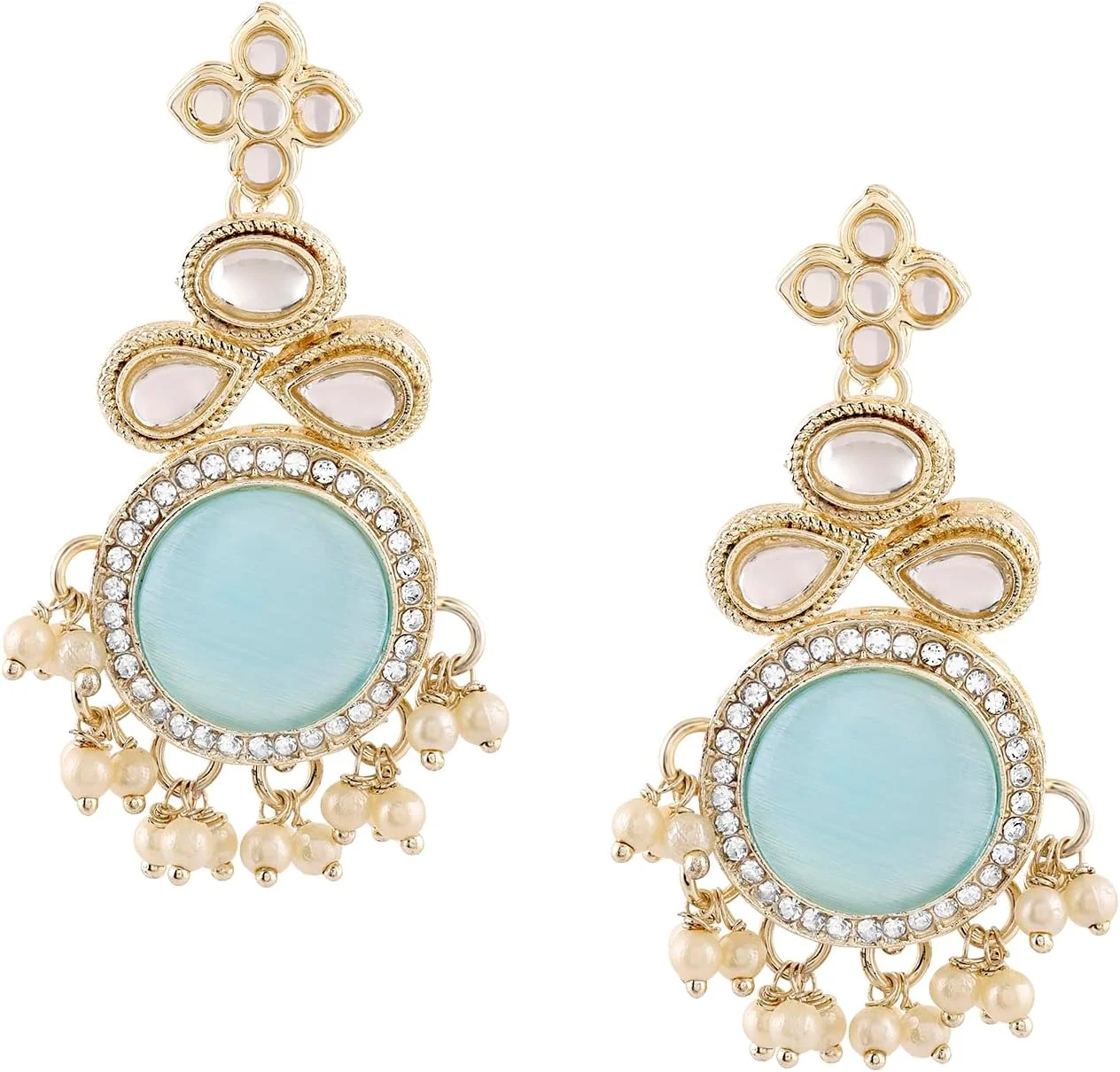 گوشواره آویز زنانه Zaveri Pearls با سنگ چشم گربه ای آبی فیروزه ای و نگین های Kundan - ZPFK16588