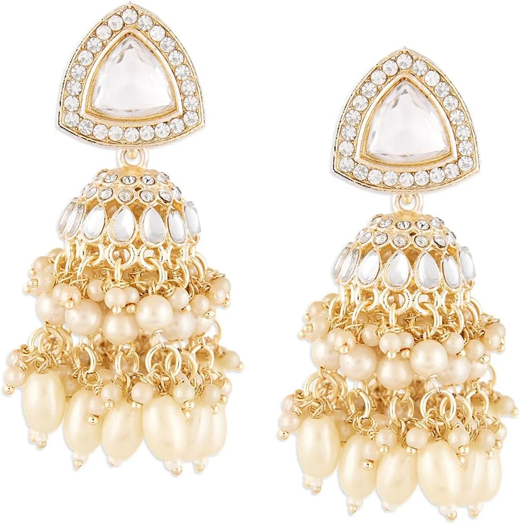 گوشواره زنانه Jhumka مروارید Zaveri با روکش طلایی، نگین های درخشان، الماس اتریشی و خوشه های مهره - ZPFK18233
