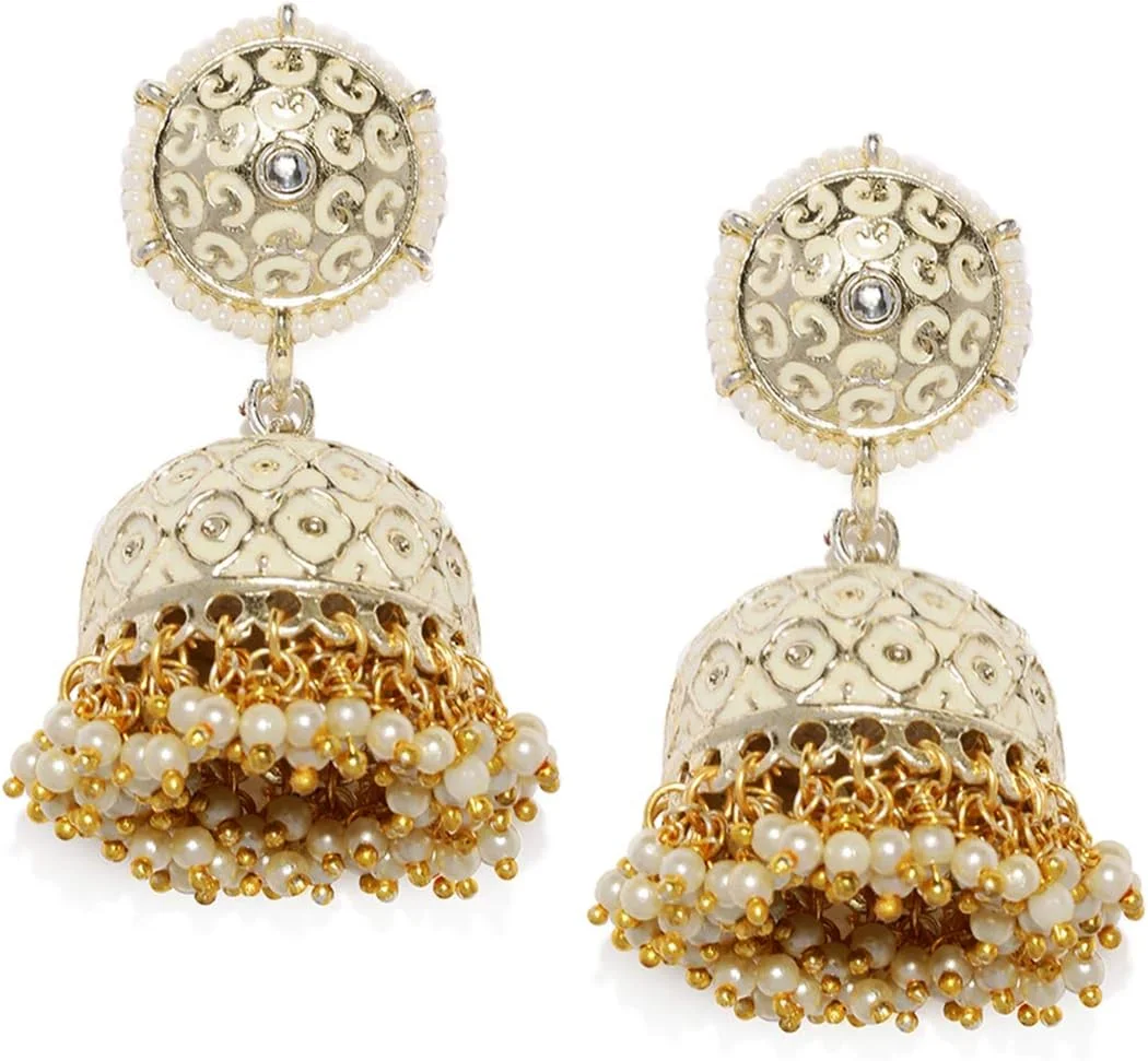 گوشواره جومکی فلزی با روکش طلای زنانه ZAVERI PEARLS با میناکاری زیبا (Zpfk8993) - سفید