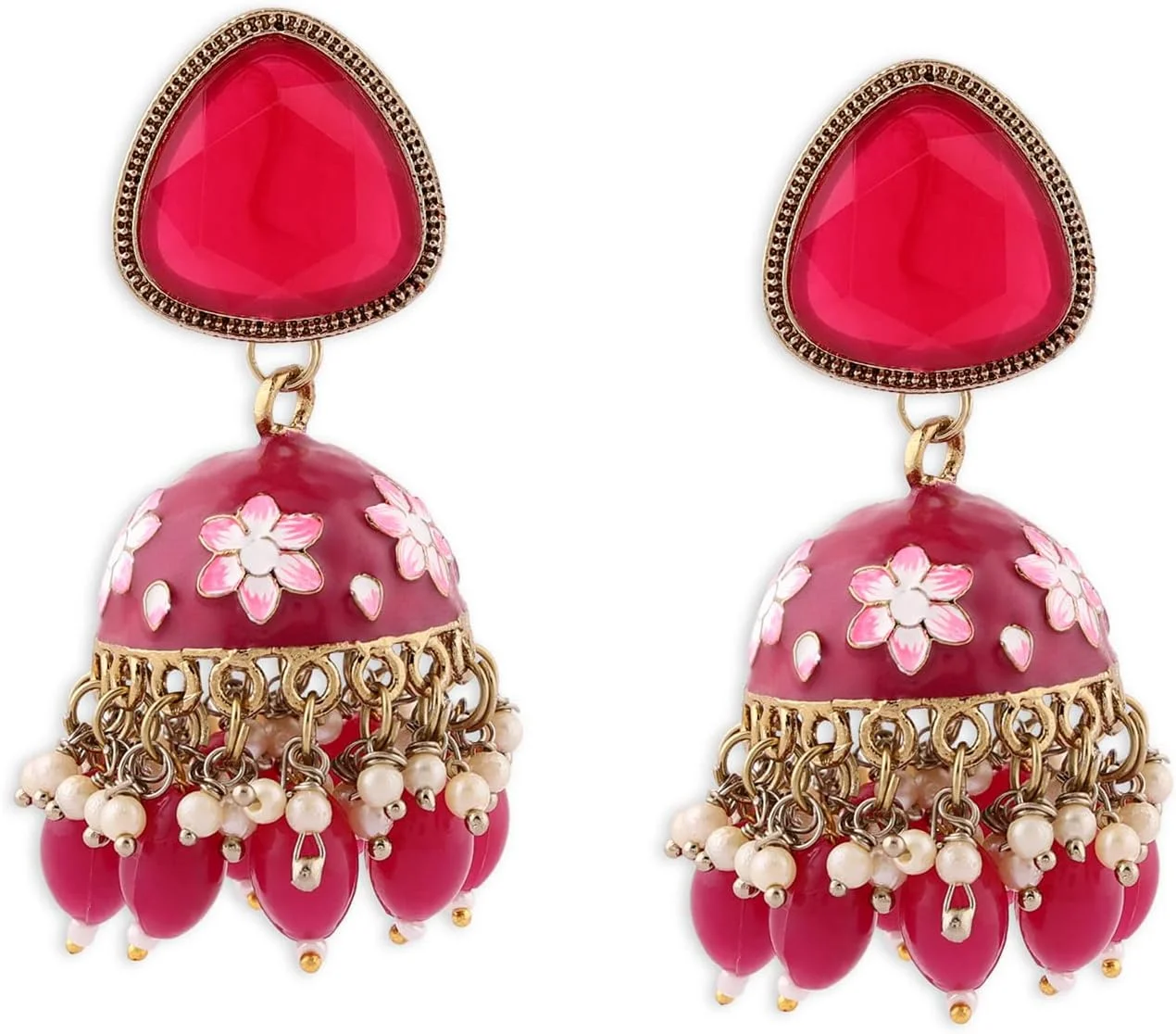 گوشواره زنانه جومکی میناکاری شده صورتی رانی ZAVERI PEARLS با سنگ و مهره های خوشه ای - ZPFK14919