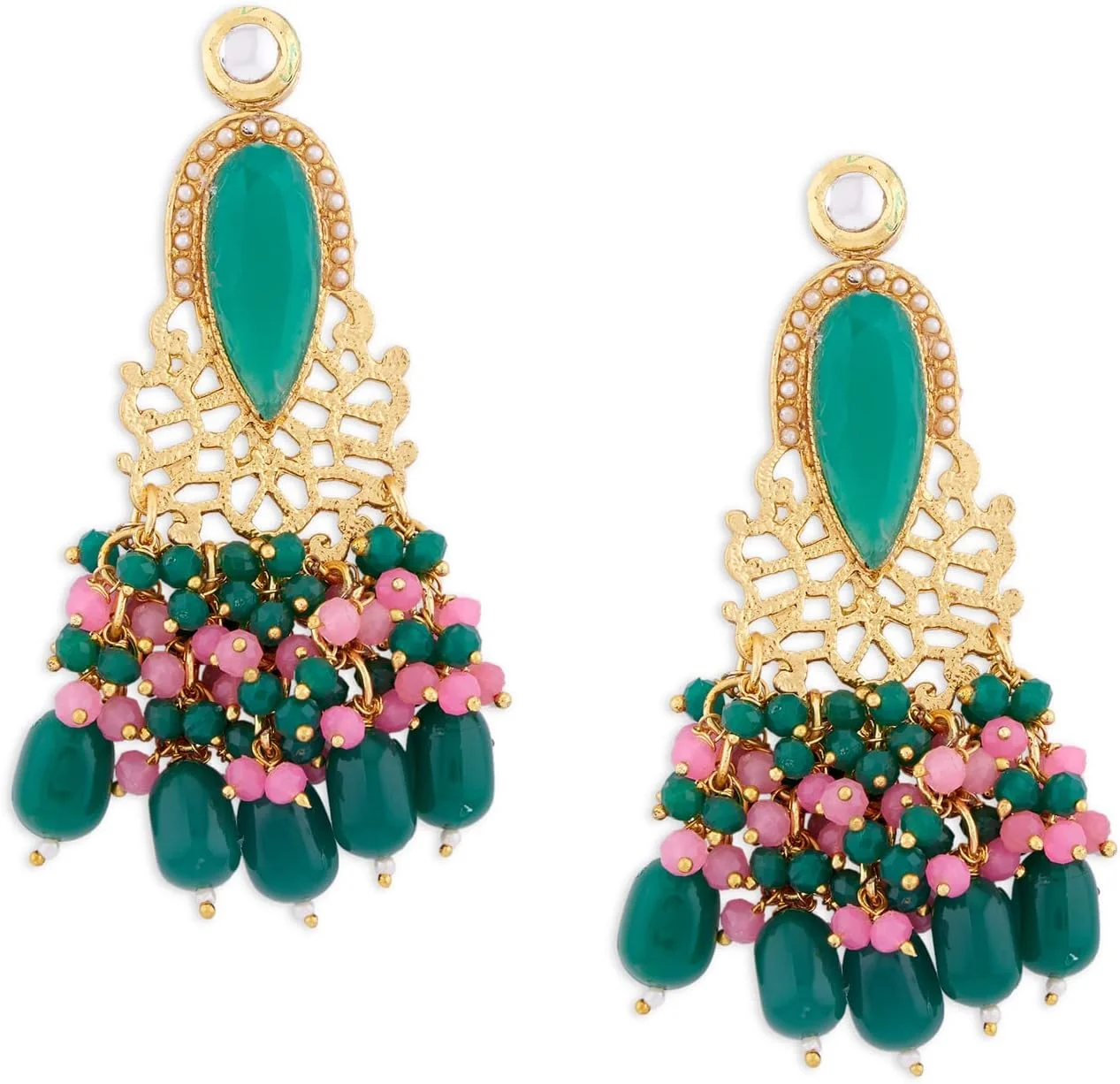 گوشواره آویز خوشه ای سبز و صورتی زنانه ZAVERI PEARLS مدل ZPFK13822