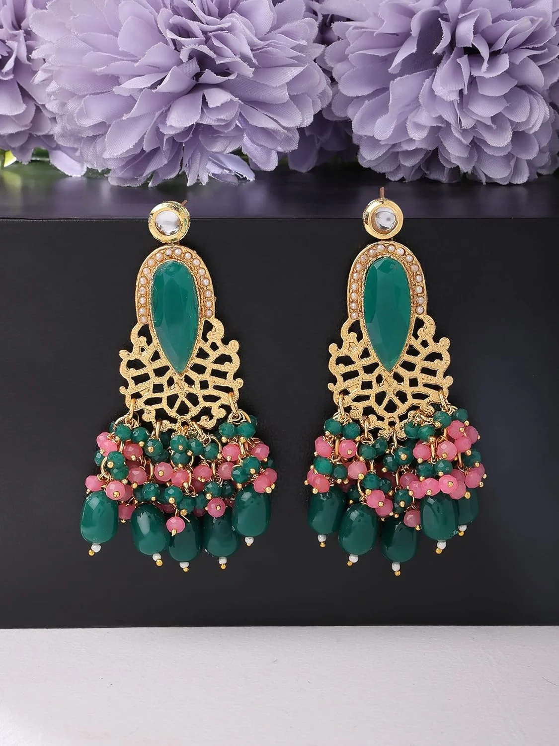 گوشواره آویز خوشه ای سبز و صورتی زنانه ZAVERI PEARLS مدل ZPFK13822
