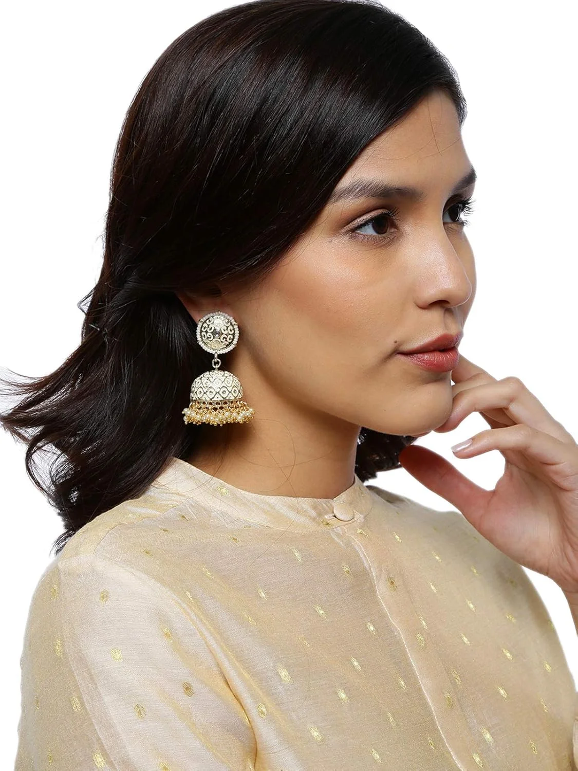 گوشواره جومکی فلزی با روکش طلای زنانه ZAVERI PEARLS با میناکاری زیبا (Zpfk8993) - سفید گوشواره جومکی فلزی با روکش طلای زنانه ZAVERI PEARLS با میناکاری زیبا (Zpfk8993) - سفید