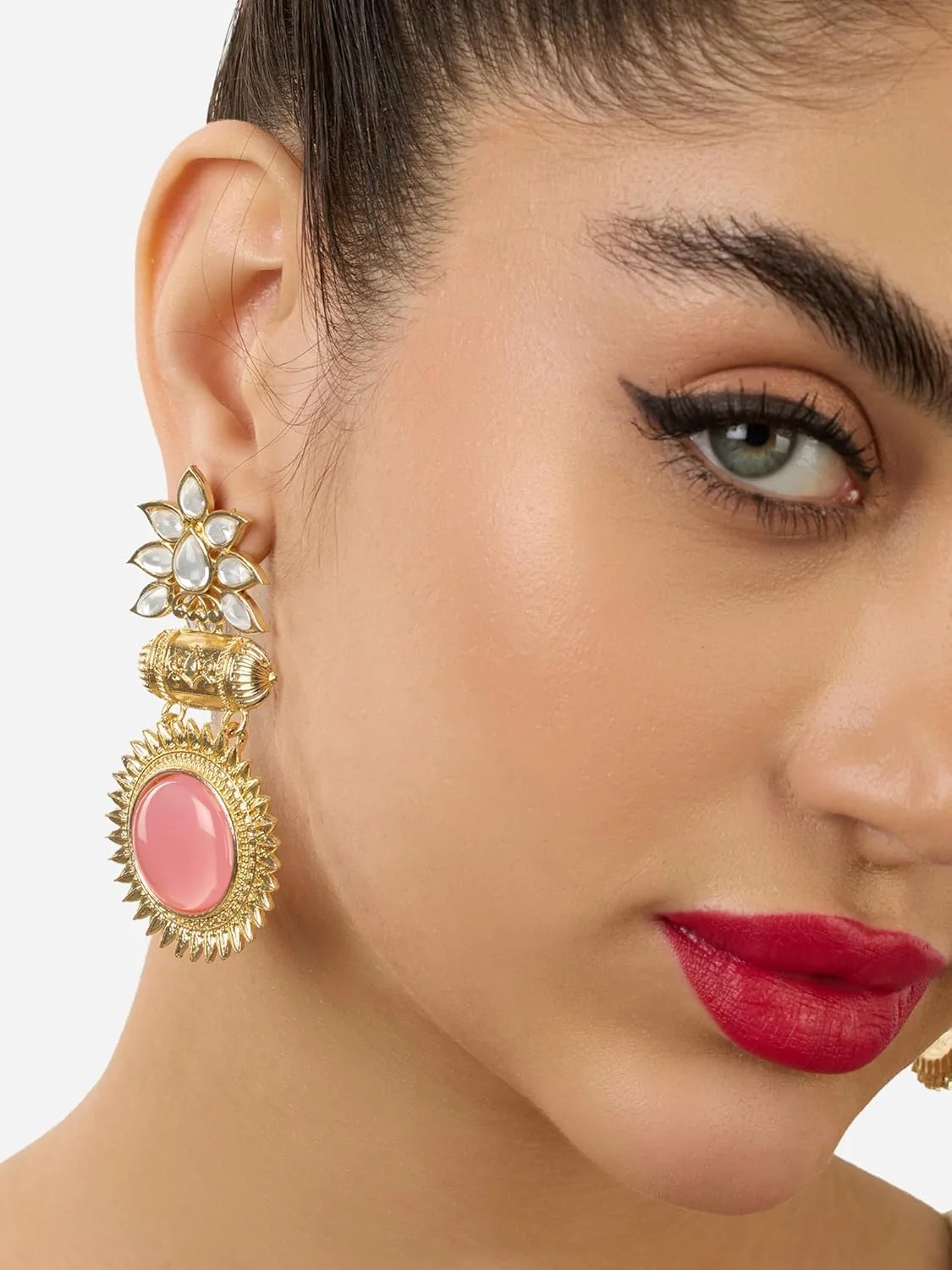 گوشواره آویز زنانه جواهری زاوری مدل ZPFK17986، ست 2 عددی، سنگ های صورتی و آبی فیروزه ای، طرح سنتی