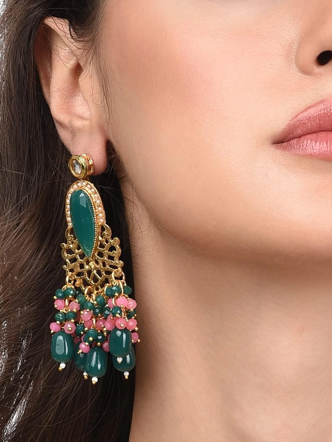 گوشواره آویز خوشه ای سبز و صورتی زنانه ZAVERI PEARLS مدل ZPFK13822