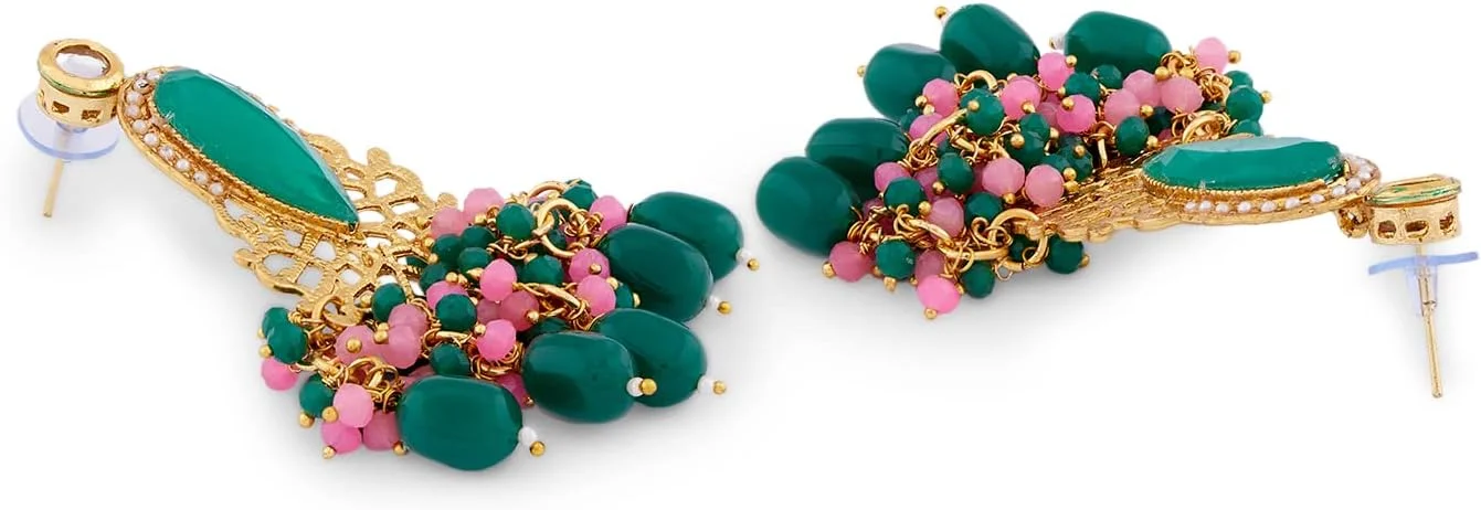 گوشواره آویز خوشه ای سبز و صورتی زنانه ZAVERI PEARLS مدل ZPFK13822