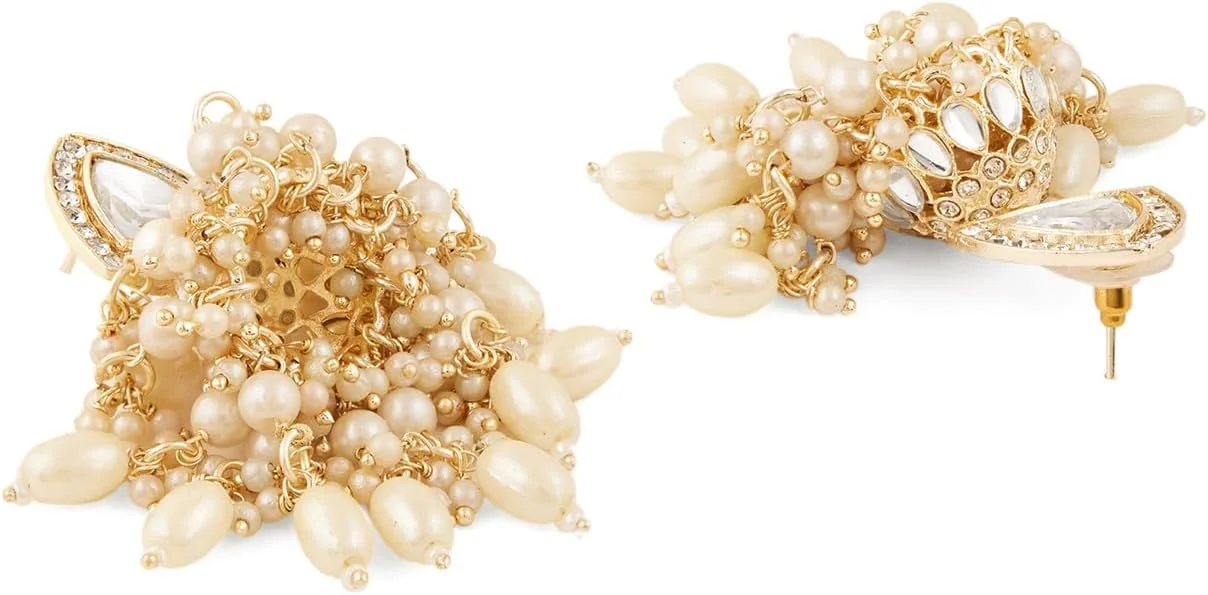 گوشواره زنانه Jhumka مروارید Zaveri با روکش طلایی، نگین های درخشان، الماس اتریشی و خوشه های مهره - ZPFK18233 گوشواره زنانه Jhumka مروارید Zaveri با روکش طلایی، نگین های درخشان، الماس اتریشی و خوشه های مهره - ZPFK18233