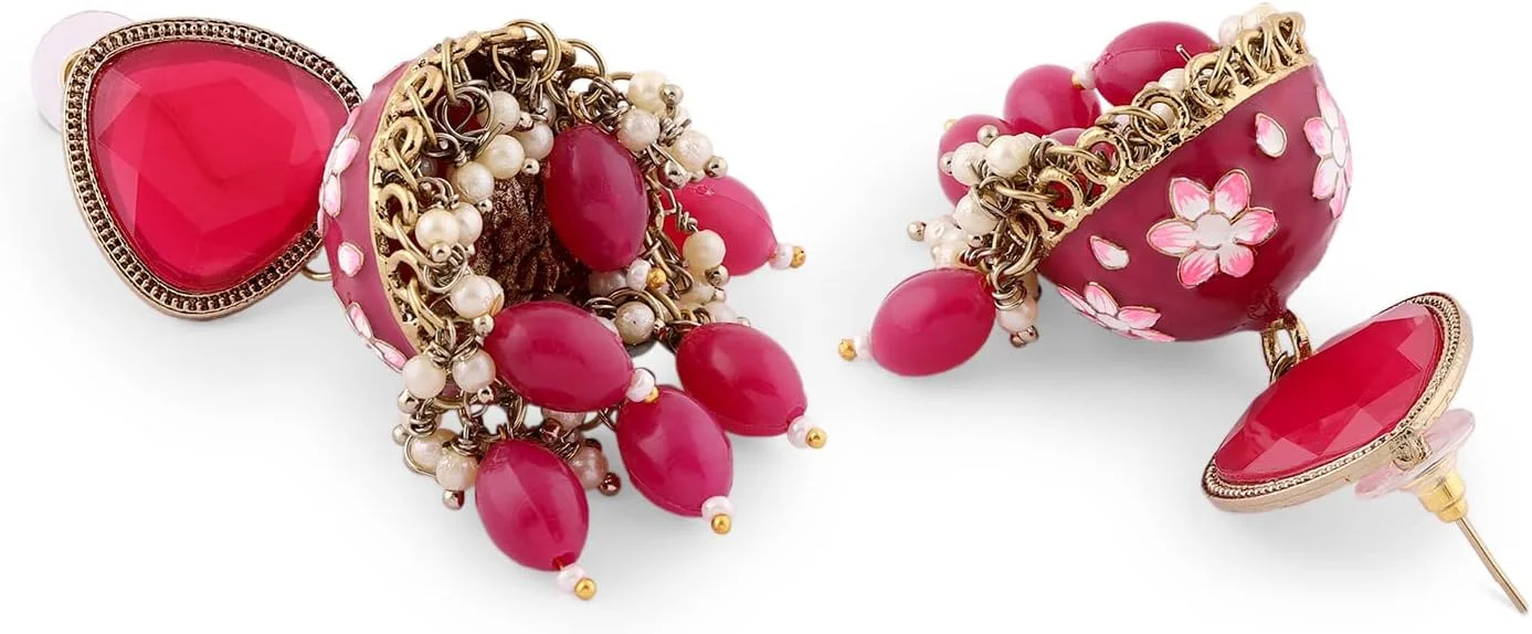 گوشواره زنانه جومکی میناکاری شده صورتی رانی ZAVERI PEARLS با سنگ و مهره های خوشه ای - ZPFK14919 گوشواره زنانه جومکی میناکاری شده صورتی رانی ZAVERI PEARLS با سنگ و مهره های خوشه ای - ZPFK14919