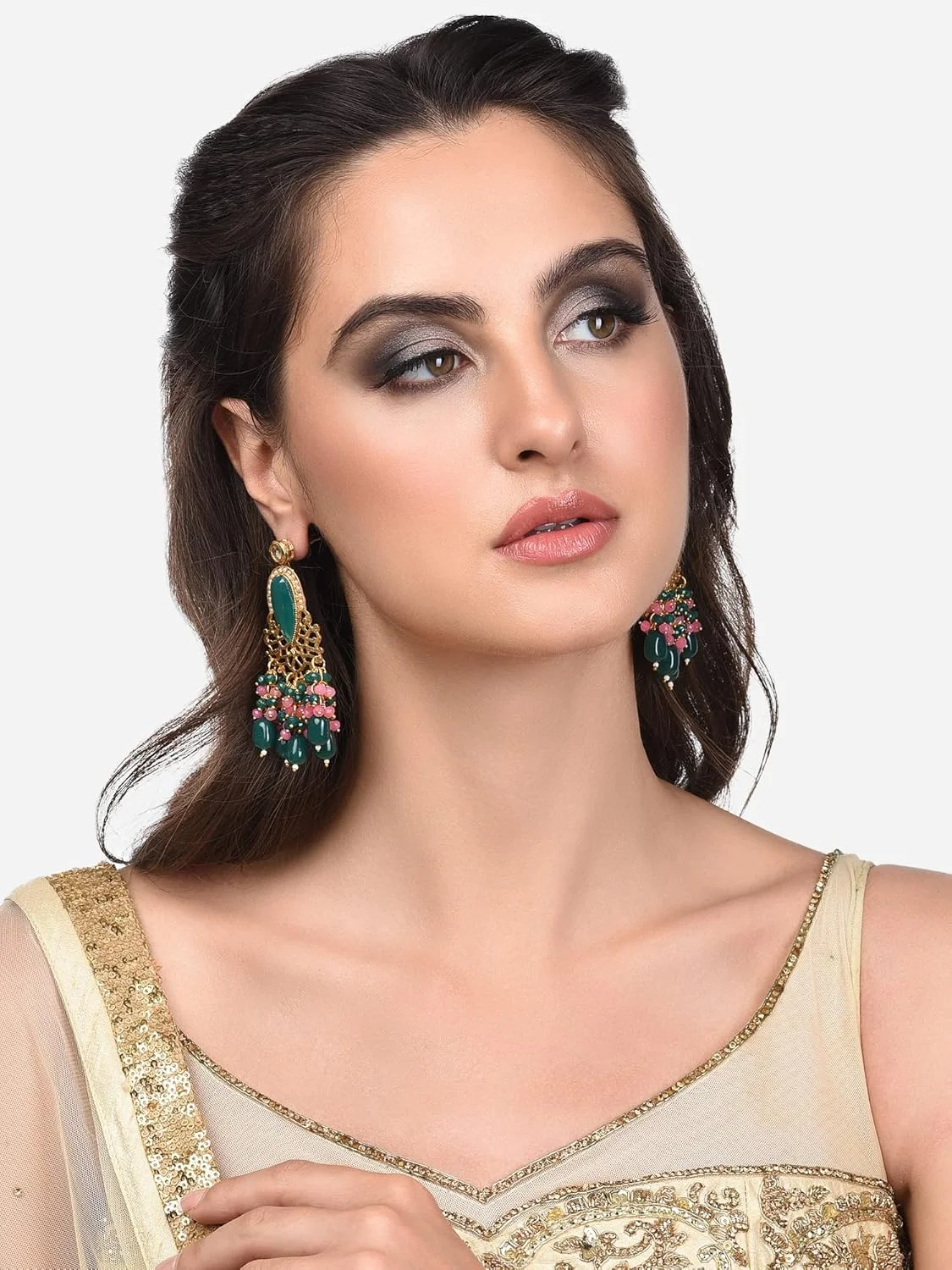 گوشواره آویز خوشه ای سبز و صورتی زنانه ZAVERI PEARLS مدل ZPFK13822