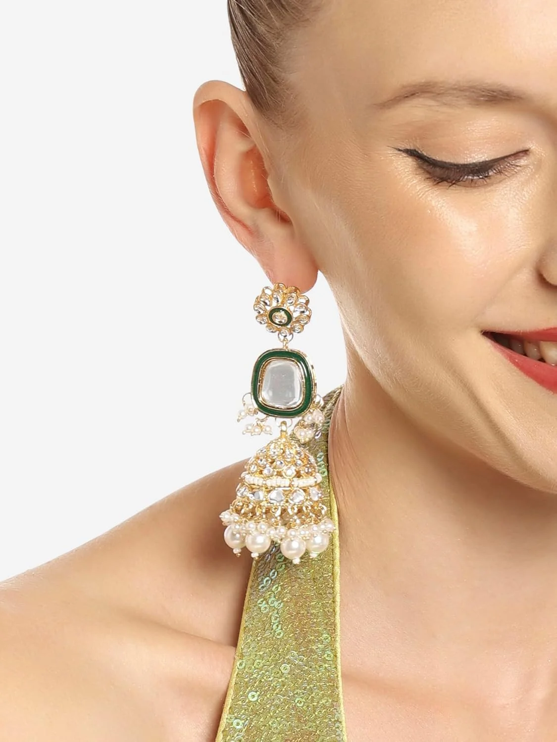 گوشواره های جومکا زنانه زاوری پرلز با روکش طلایی و مهره های کونداان قومی - ZPFK16589 گوشواره های جومکا زنانه زاوری پرلز با روکش طلایی و مهره های کونداان قومی - ZPFK16589