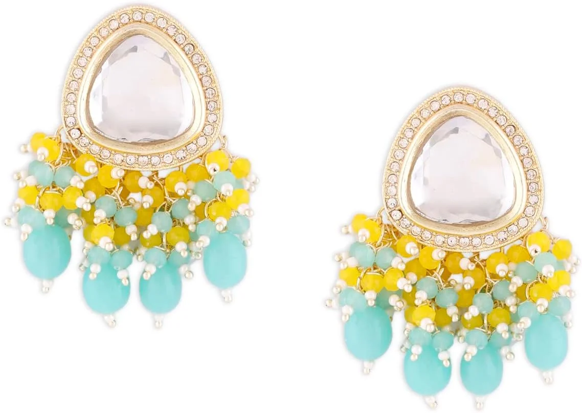 گوشواره آویز زنانه نگین دار Zaveri Pearls فیروزه ای و زرد با خوشه های مهره ای و تزیینات Kundan مدل ZPFK15638