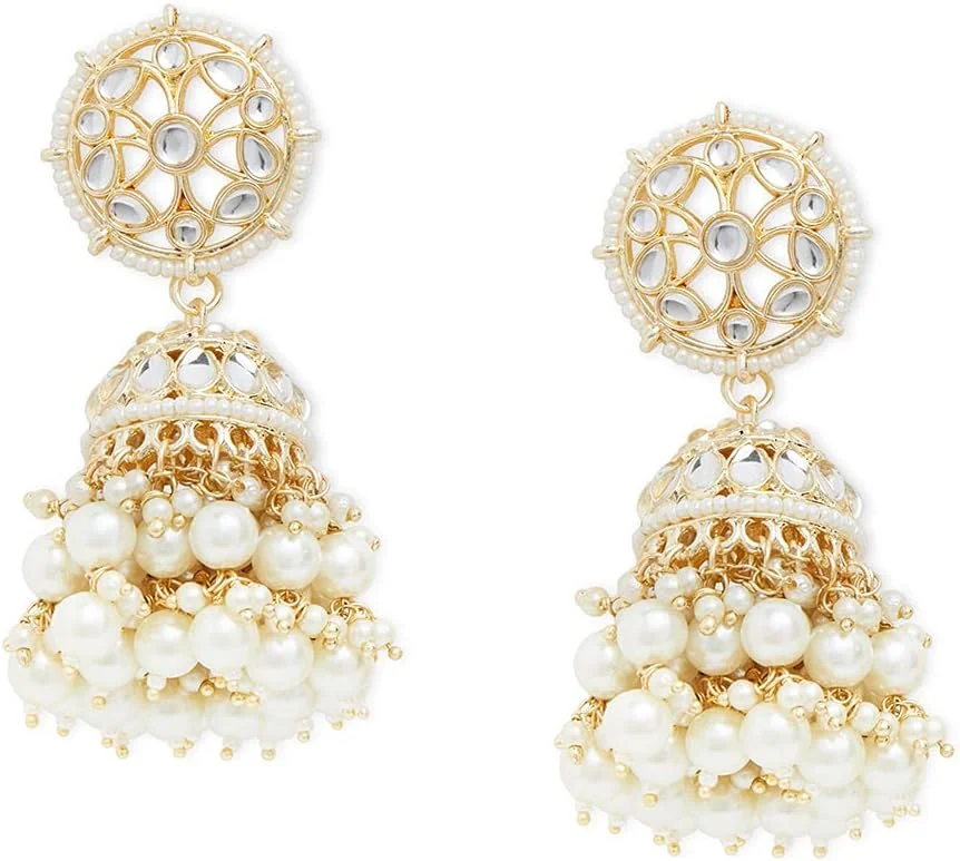 گوشواره زنانه مدل Jhumki با طرح سنتی Kundan و مروارید با روکش طلایی ZAVERI PEARLS - ZPFK11012