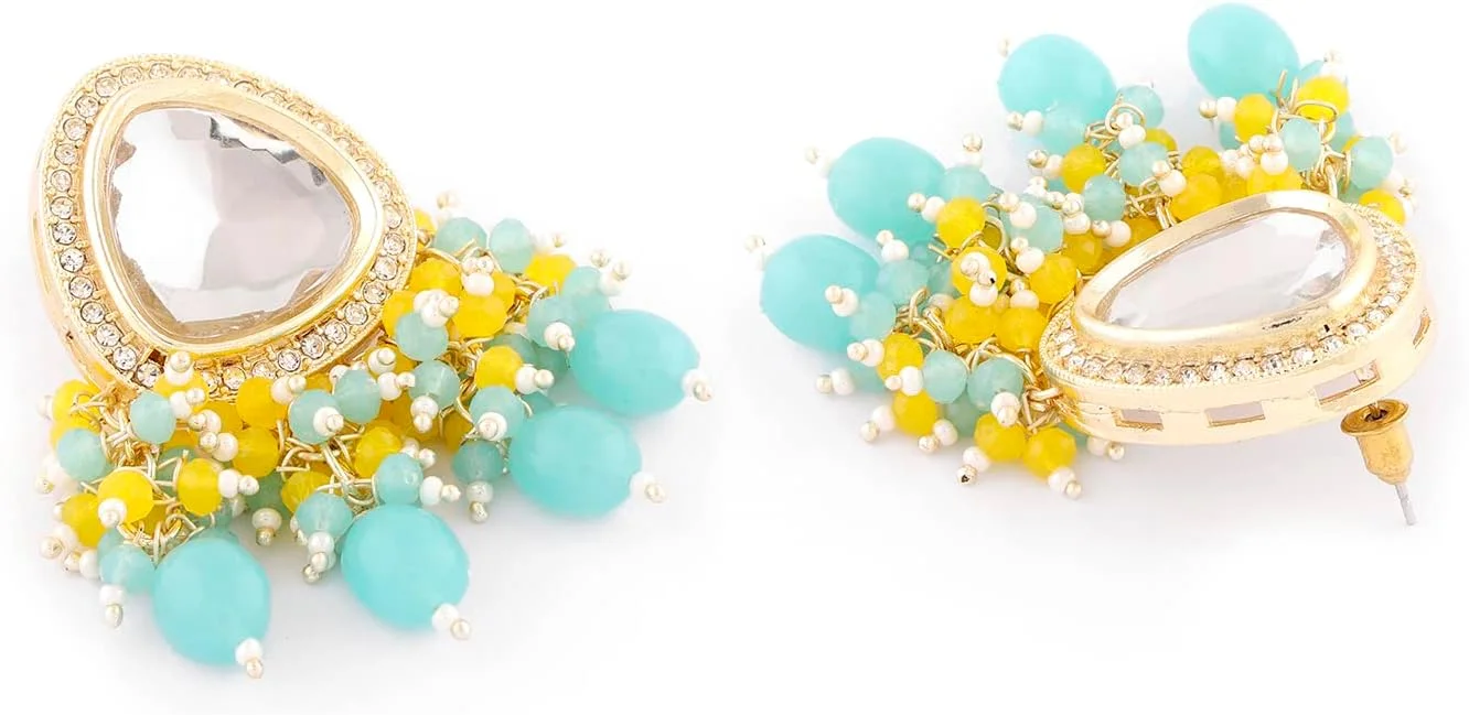 گوشواره آویز زنانه نگین دار Zaveri Pearls فیروزه ای و زرد با خوشه های مهره ای و تزیینات Kundan مدل ZPFK15638 گوشواره آویز زنانه نگین دار Zaveri Pearls فیروزه ای و زرد با خوشه های مهره ای و تزیینات Kundan مدل ZPFK15638