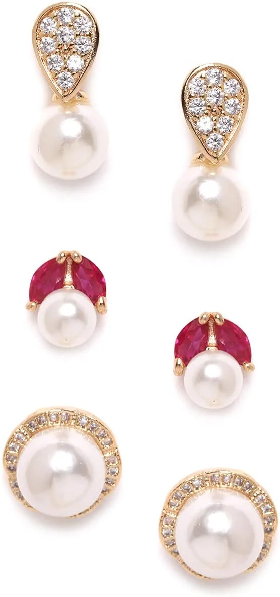 گوشواره های میخی زنانه ZAVERI PEARLS با روکش فلز پایه، زیرکونیا، الماس و مروارید، طلایی، صورتی، مدل مدرن کد Zpfk9745، بسته 3 عددی