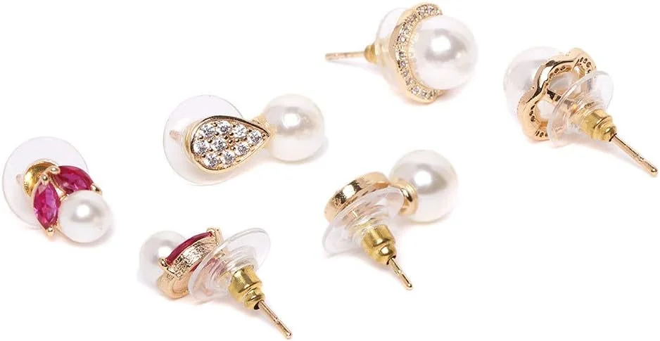 گوشواره های میخی زنانه ZAVERI PEARLS با روکش فلز پایه، زیرکونیا، الماس و مروارید، طلایی، صورتی، مدل مدرن کد Zpfk9745، بسته 3 عددی گوشواره های میخی زنانه ZAVERI PEARLS با روکش فلز پایه، زیرکونیا، الماس و مروارید، طلایی، صورتی، مدل مدرن کد Zpfk9745، بسته 3 عددی