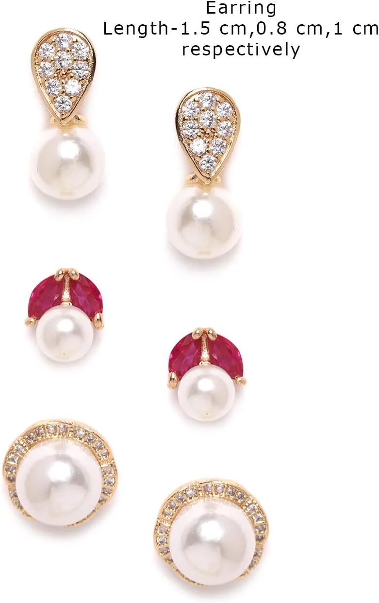 گوشواره های میخی زنانه ZAVERI PEARLS با روکش فلز پایه، زیرکونیا، الماس و مروارید، طلایی، صورتی، مدل مدرن کد Zpfk9745، بسته 3 عددی گوشواره های میخی زنانه ZAVERI PEARLS با روکش فلز پایه، زیرکونیا، الماس و مروارید، طلایی، صورتی، مدل مدرن کد Zpfk9745، بسته 3 عددی