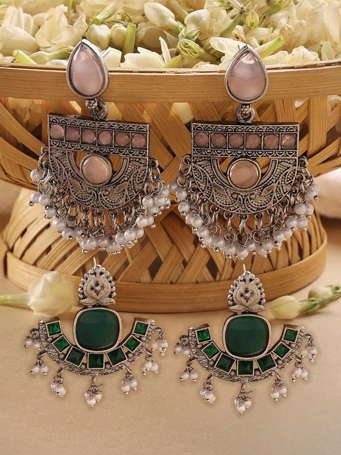 زیوری پرلز ست 2 عددی گوشواره آویز زنانه سبز و صورتی با سنگ های اکسید شده نقره ای و مهره های سنتی - ZPFK16846