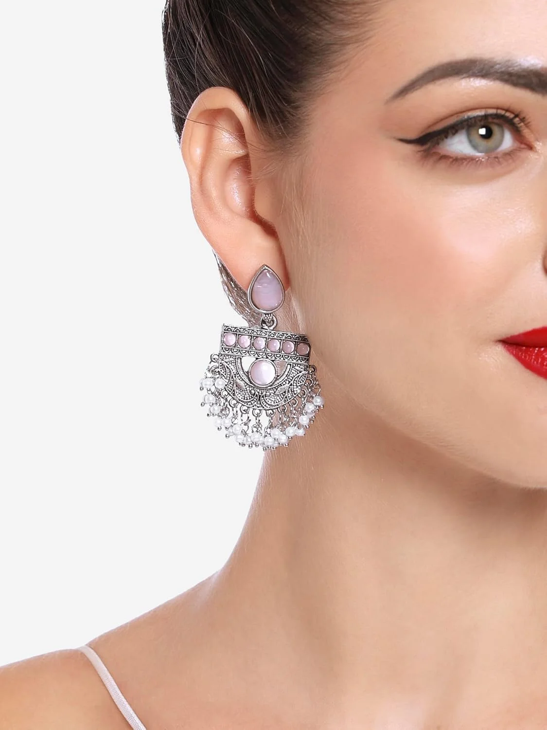 زیوری پرلز ست 2 عددی گوشواره آویز زنانه سبز و صورتی با سنگ های اکسید شده نقره ای و مهره های سنتی - ZPFK16846