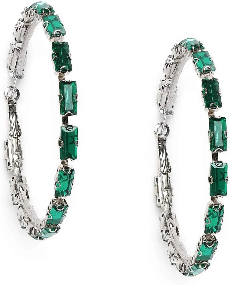 گوشواره حلقه ای مجلسی زنانه نگین دار سبز رنگ ZAVERI PEARLS مدل Zpfk10007، نقره ای، سایز One Size