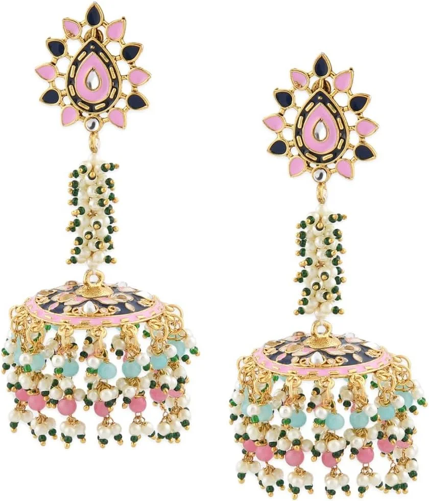 گوشواره زنانه جومکی منجوق خوشه ای چند رنگ و میناکاری شده ZAVERI PEARLS مدل ZPFK11436
