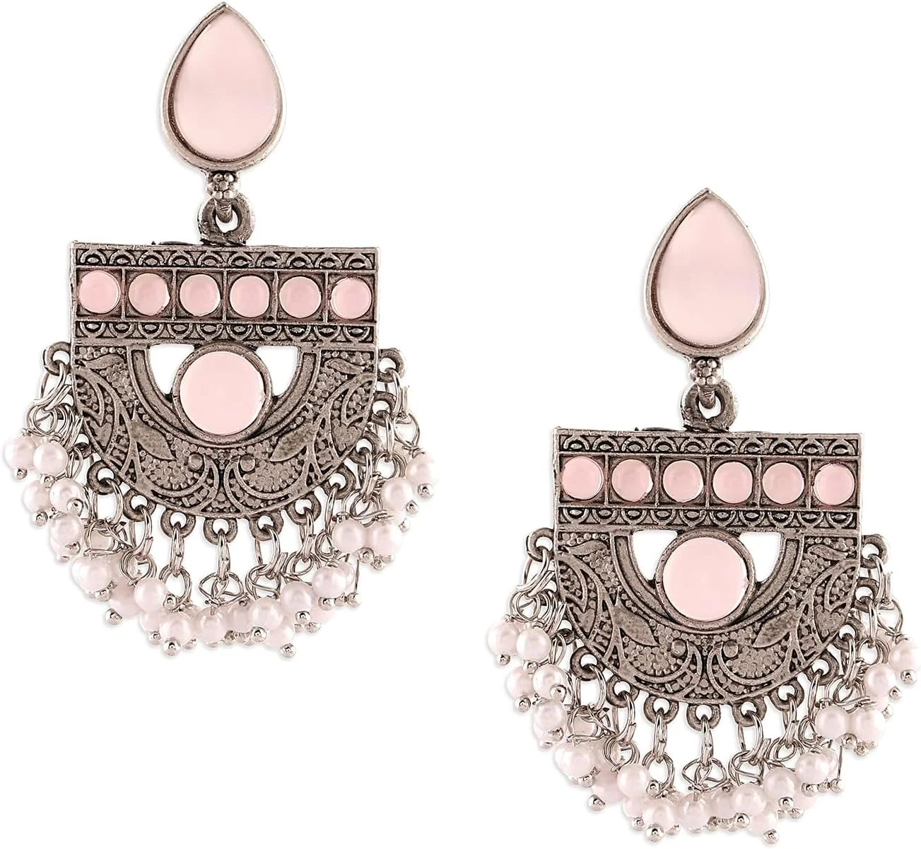 گوشواره آویز زنانه Zaveri Pearls با سنگ ها و مهره های نقره ای اکسید شده صورتی مدل ZPFK16697