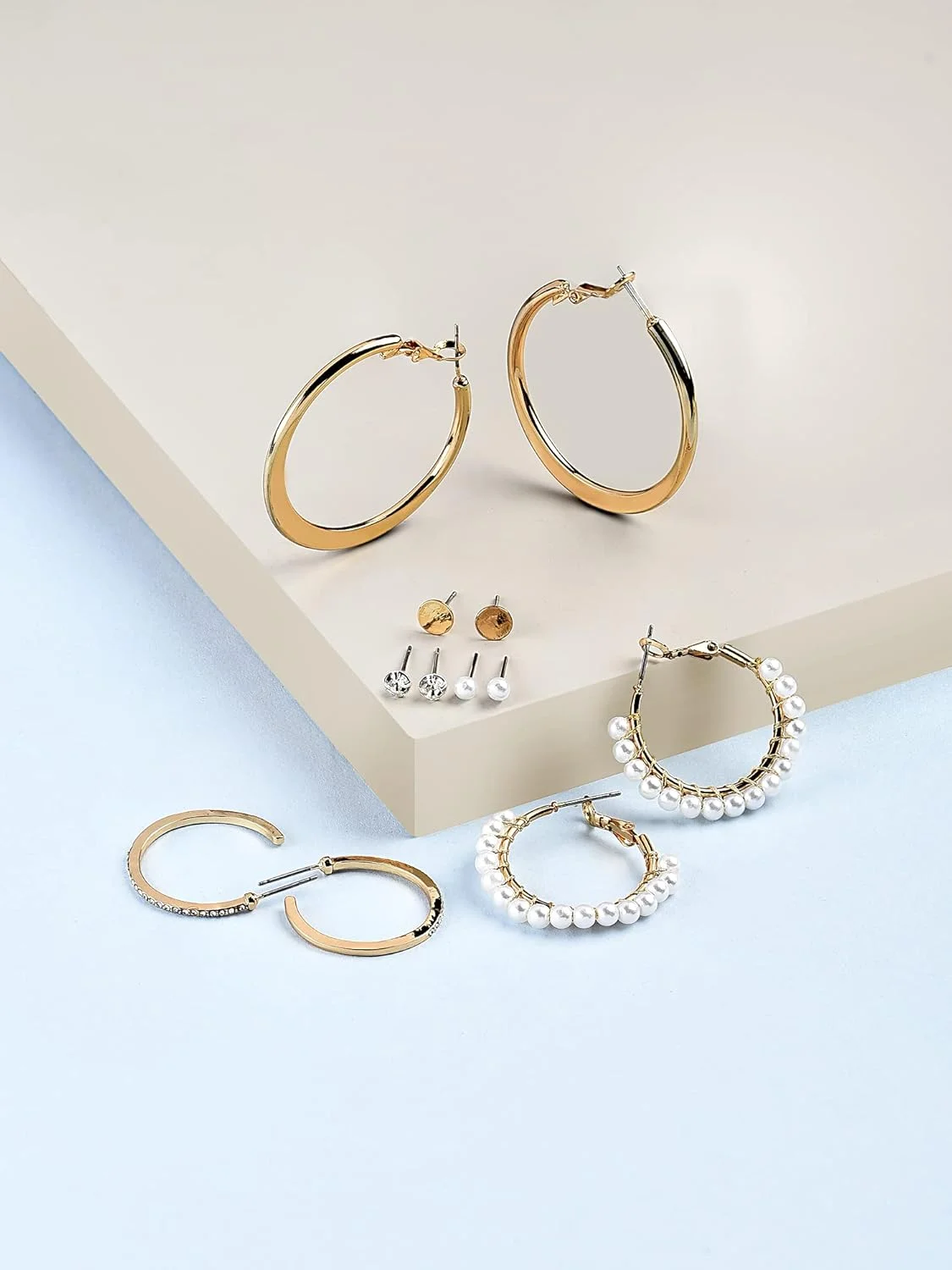 گوشواره های میخی، حلقه ای و نیمه حلقه ای مدرن زاوری پرلز، ست 6 عددی طلایی و نقره ای - Zpfk10642