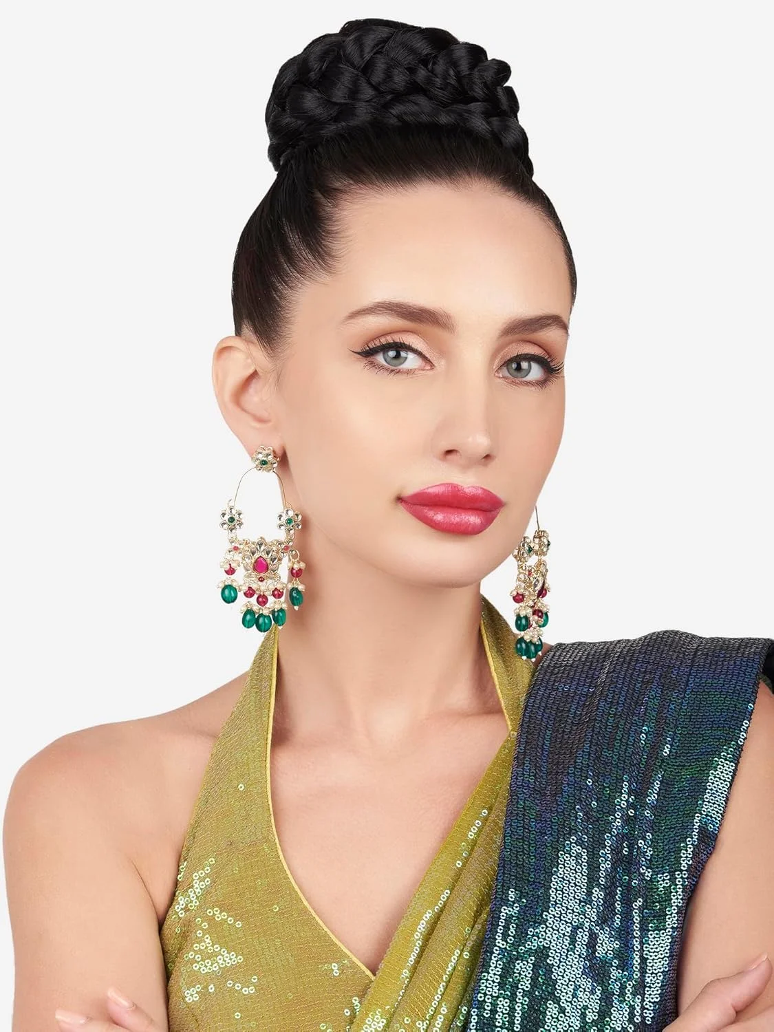 ست گوشواره آویز زنانه Zaveri Pearls، شامل ۲ عدد گوشواره سبز و صورتی رانی با سنگ های Kundan و الماس های اتریشی مدل ZPFK16873 ست گوشواره آویز زنانه Zaveri Pearls، شامل ۲ عدد گوشواره سبز و صورتی رانی با سنگ های Kundan و الماس های اتریشی مدل ZPFK16873