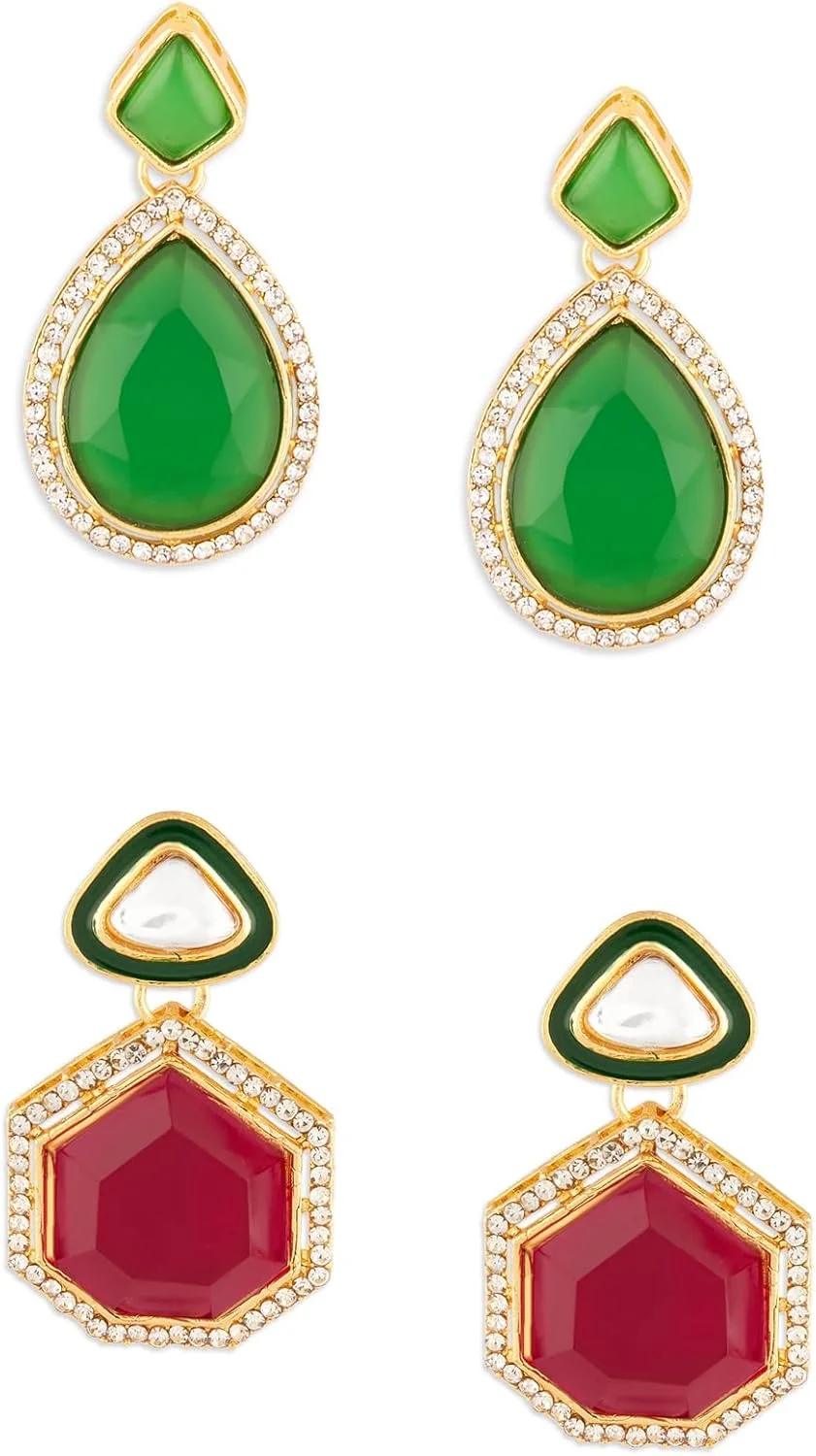 ست گوشواره زنانه Zaveri Pearls شامل 2 عدد گوشواره آویز نگین دار سبز و صورتی رانی با الماس های اتریشی درخشان - ZPFK18305