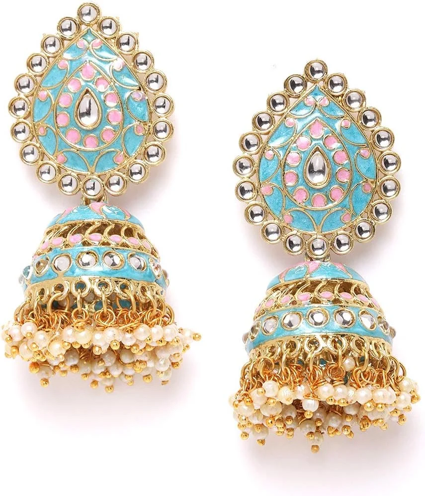 گوشواره جومکی میناکاری فیروزه ای آبی و صورتی ZAVERI PEARLS با پایه فلزی، نگین های Kundan و مروارید، مناسب برای بانوان - ZPFK9615