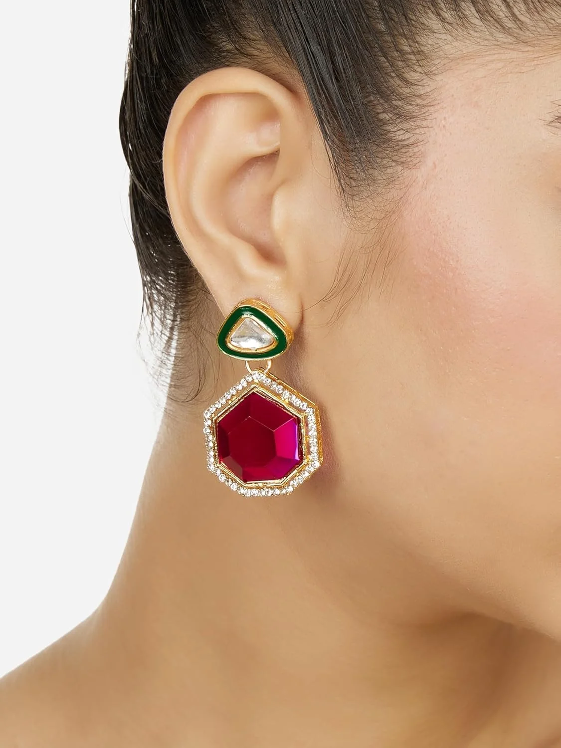 ست گوشواره زنانه Zaveri Pearls شامل 2 عدد گوشواره آویز نگین دار سبز و صورتی رانی با الماس های اتریشی درخشان - ZPFK18305 ست گوشواره زنانه Zaveri Pearls شامل 2 عدد گوشواره آویز نگین دار سبز و صورتی رانی با الماس های اتریشی درخشان - ZPFK18305