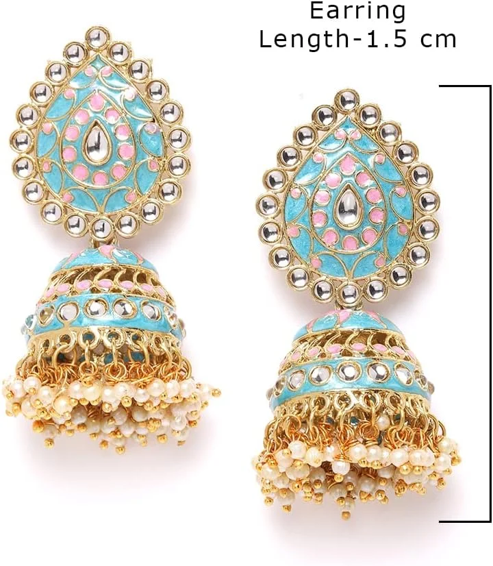 گوشواره جومکی میناکاری فیروزه ای آبی و صورتی ZAVERI PEARLS با پایه فلزی، نگین های Kundan و مروارید، مناسب برای بانوان - ZPFK9615 گوشواره جومکی میناکاری فیروزه ای آبی و صورتی ZAVERI PEARLS با پایه فلزی، نگین های Kundan و مروارید، مناسب برای بانوان - ZPFK9615