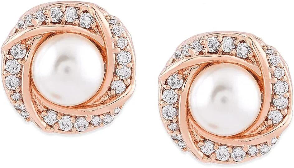 گوشواره میخی برنجی نگین زیرکونیا و مروارید رزگلد زنانه Zaveri Pearls مدل ZPFK10093